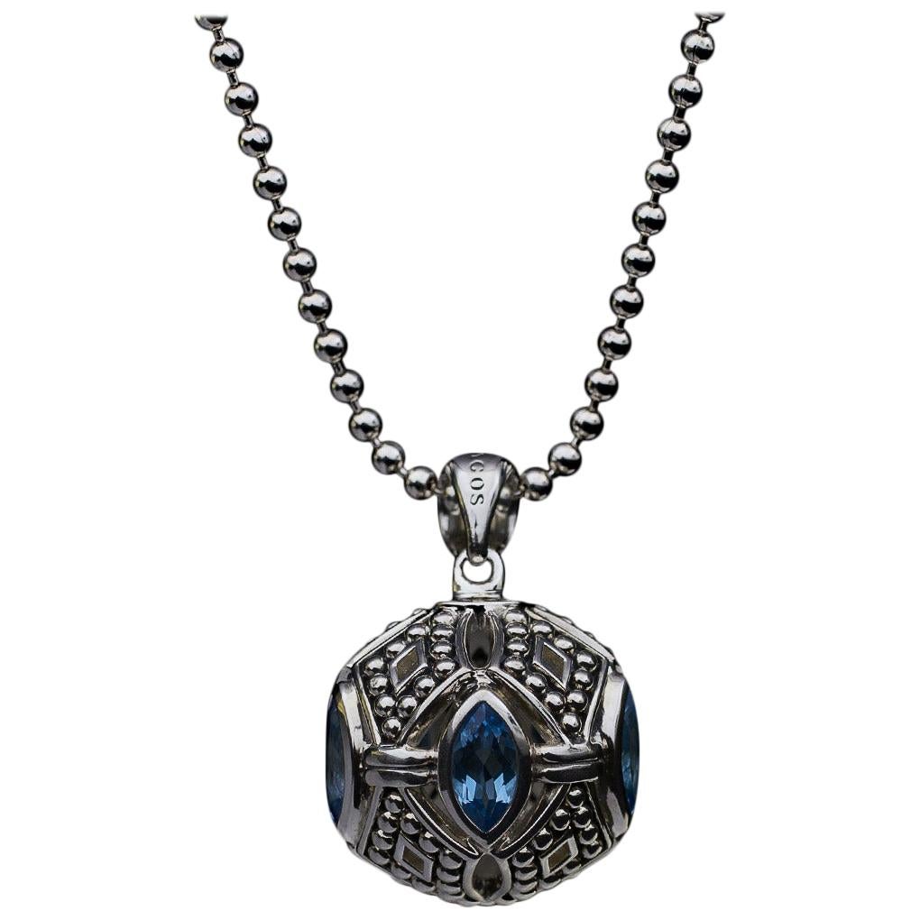 Lagos Talisman Sterling Silver Marquise Cut Blue Topaz Ball Pendant Necklace