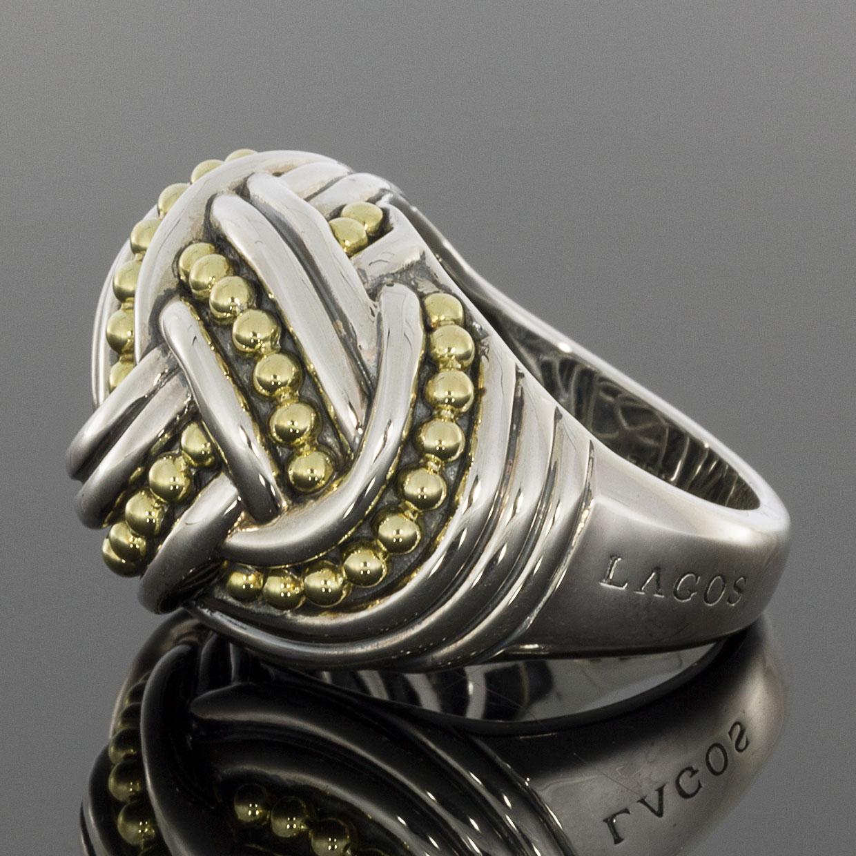 Item Details
Estimated Retail $750.00
Brand Lagos
Collection Torsade
Metal Mixed Metals
Ring Size 7.00
Sizable Limited
Width 18.30mm
Metal Purity 18k
Finish Polished
Style Dome

In 1977, LAGOS was founded by artist & master jeweler Stephen Lagos.