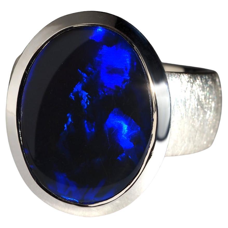 Lagre Blue Black Opal Silver Ring 10 carat