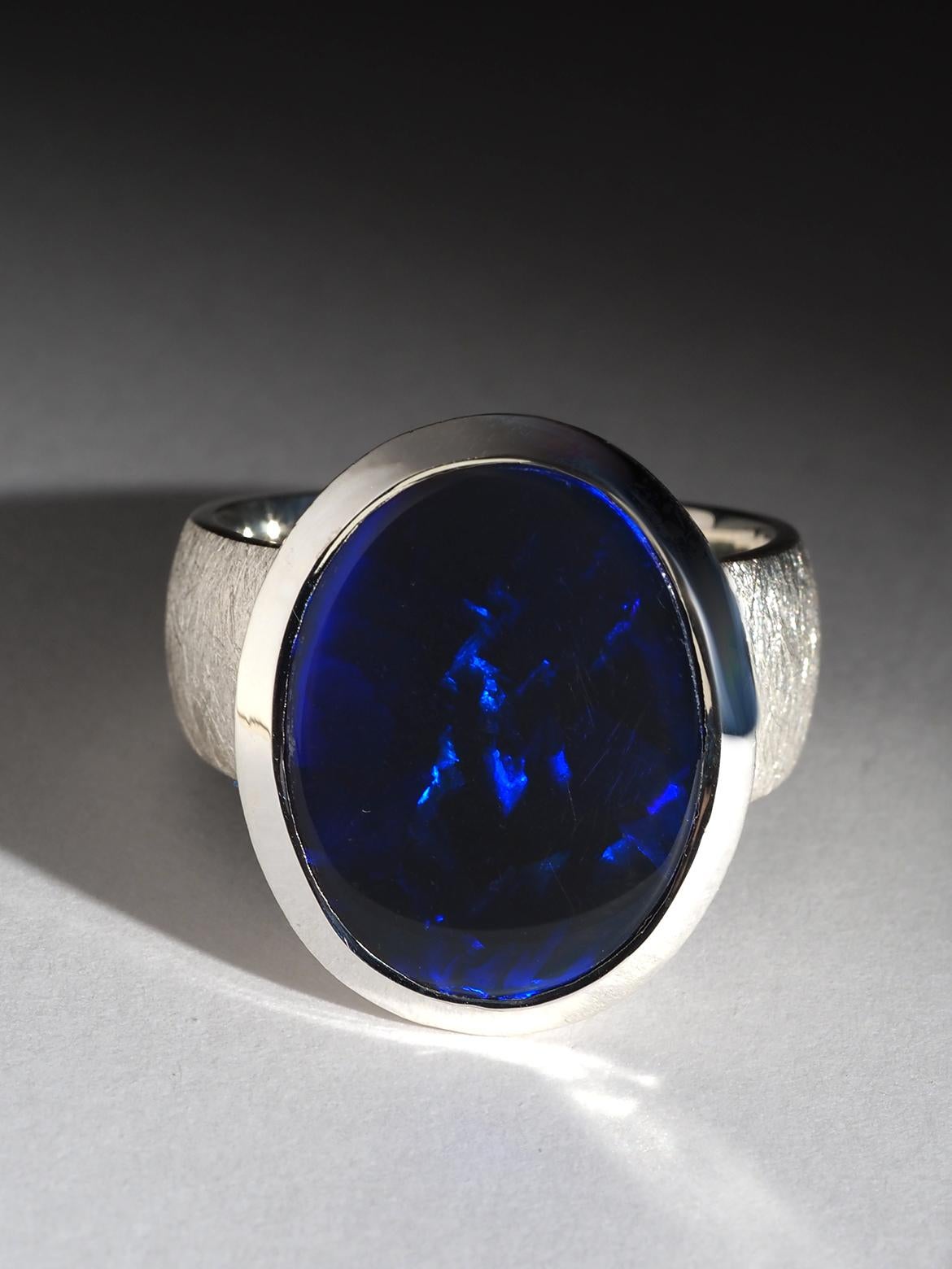 Lagre Blau Schwarz Opal Silber Ring 10 Karat Geschenk natürlichen Opal Hochzeit Herrenring im Angebot 4