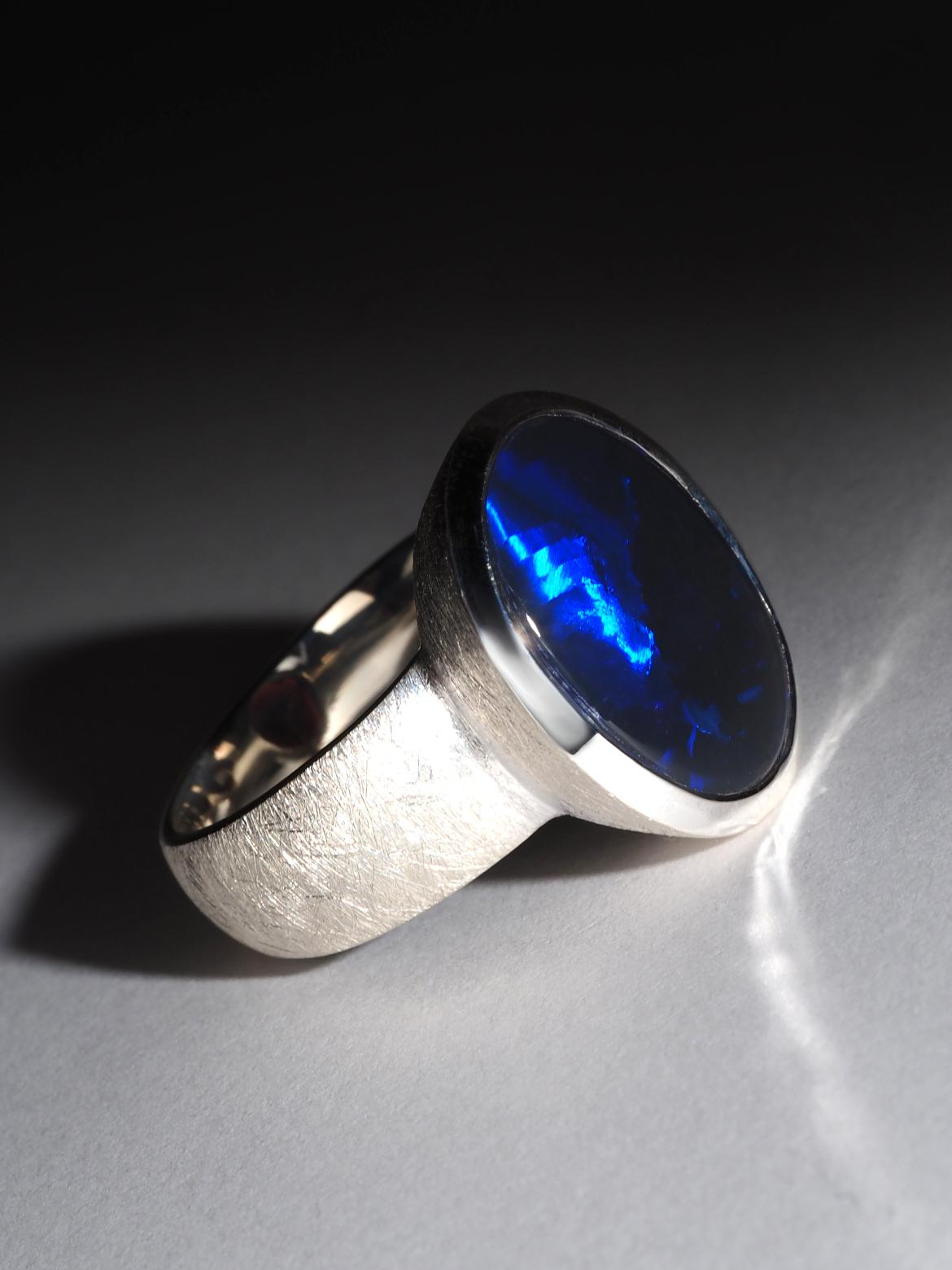 Lagre Blau Schwarz Opal Silber Ring 10 Karat Geschenk natürlichen Opal Hochzeit Herrenring im Angebot 6