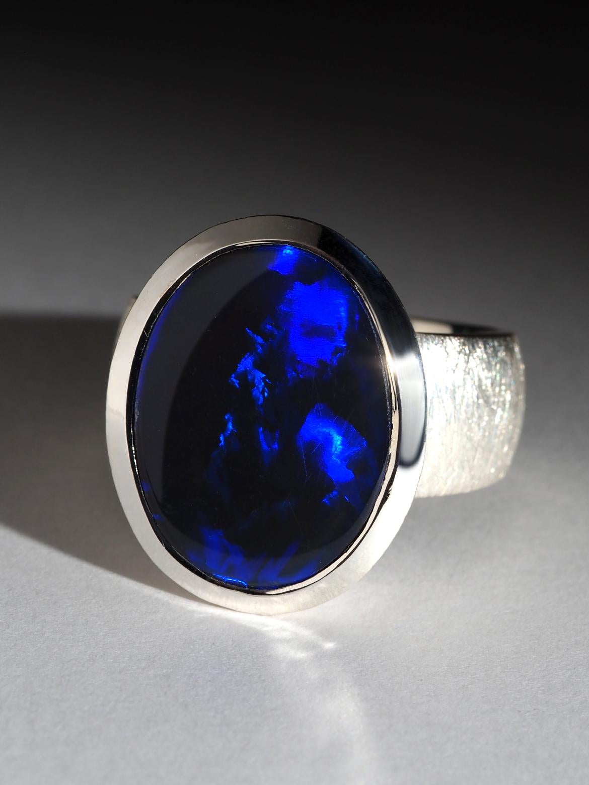 Lagre Blau Schwarz Opal Silber Ring 10 Karat Geschenk natürlichen Opal Hochzeit Herrenring im Zustand „Neu“ im Angebot in Berlin, DE