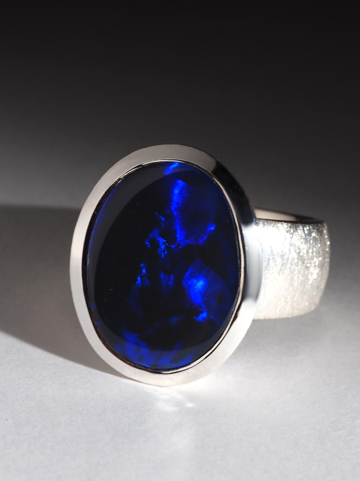 Lagre Blau Schwarz Opal Silber Ring 10 Karat Geschenk natürlichen Opal Hochzeit Herrenring im Angebot 1