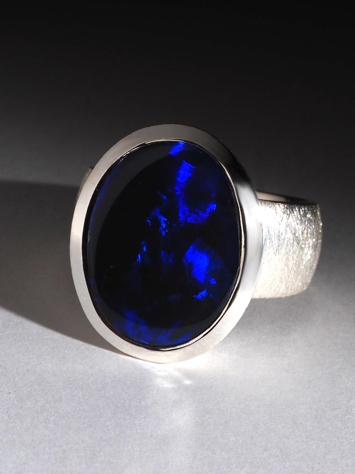Lagre Blau Schwarz Opal Silber Ring 10 Karat Geschenk natürlichen Opal Hochzeit Herrenring im Angebot 2