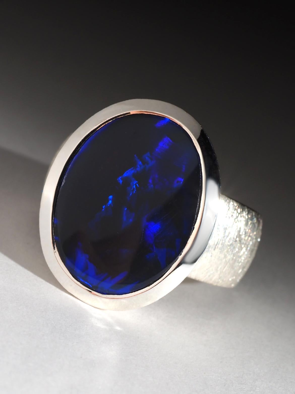 Lagre Blau Schwarz Opal Silber Ring 10 Karat Geschenk natürlichen Opal Hochzeit Herrenring im Angebot 3