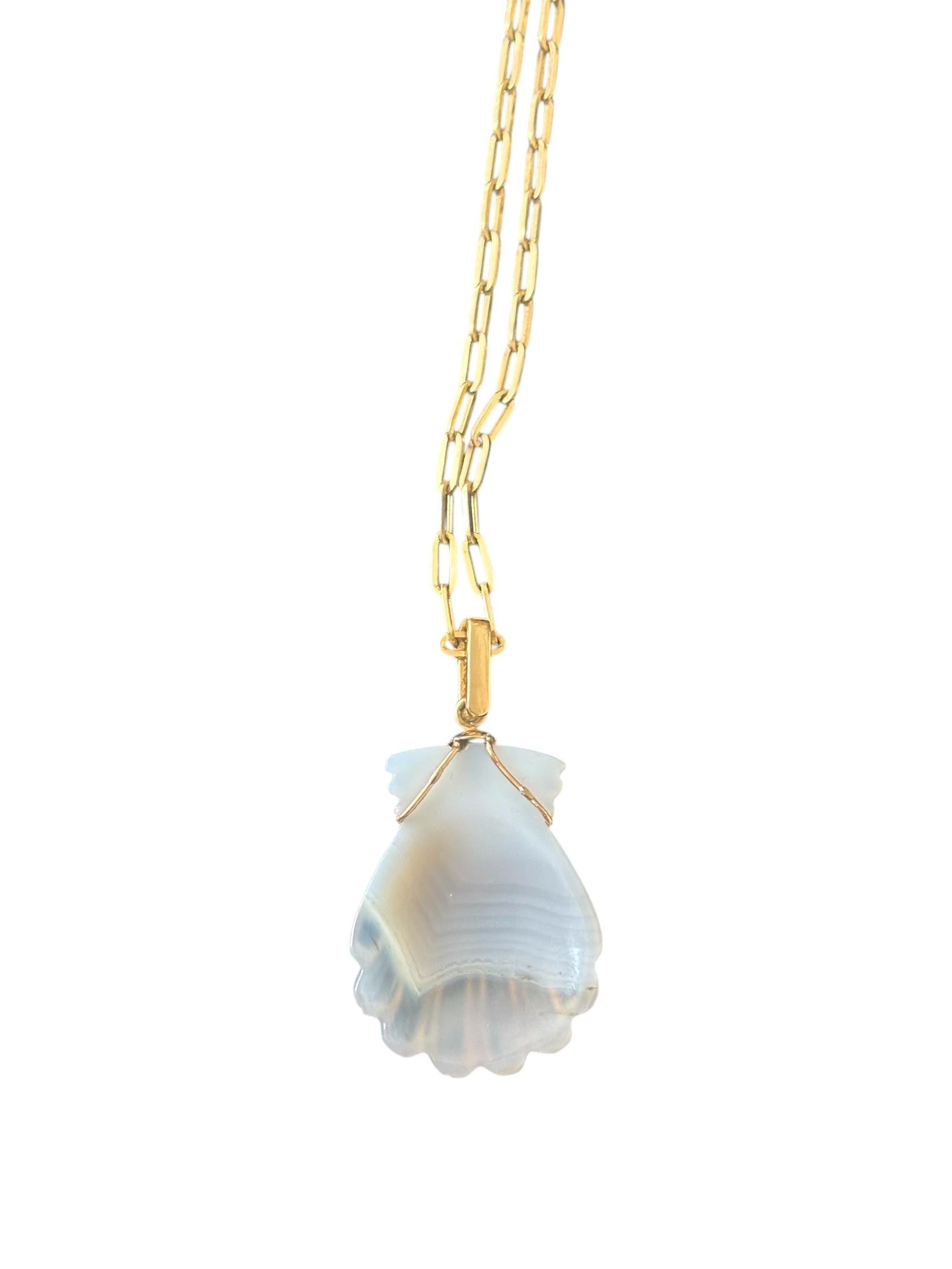 LAGUNA AGATE SHELL NECKLACE, Center Diamond, Diamond Bail on 14k Paperclip Chain For Sale 7