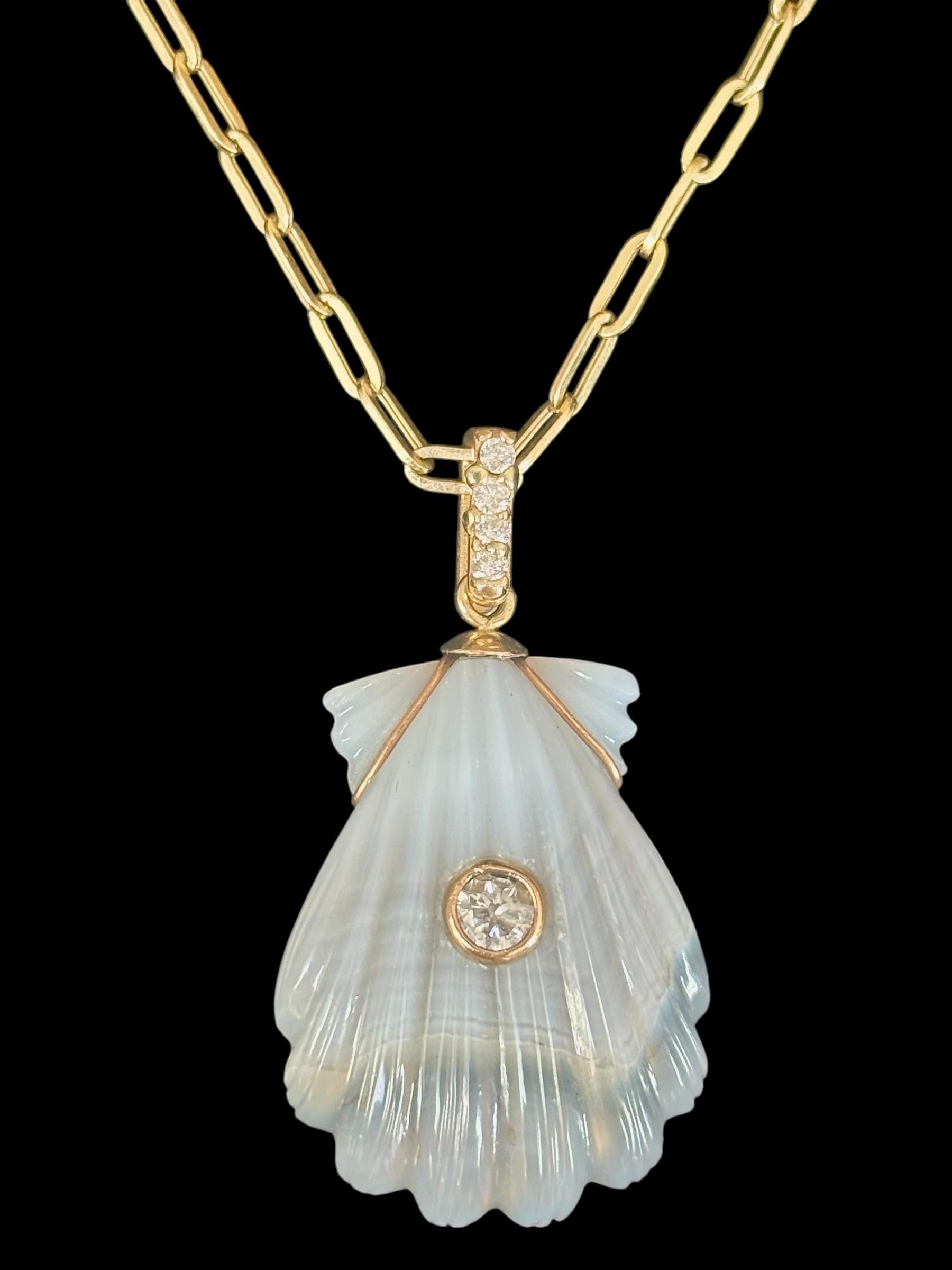 Brilliant Cut LAGUNA AGATE SHELL NECKLACE, Center Diamond, Diamond Bail on 14k Paperclip Chain For Sale