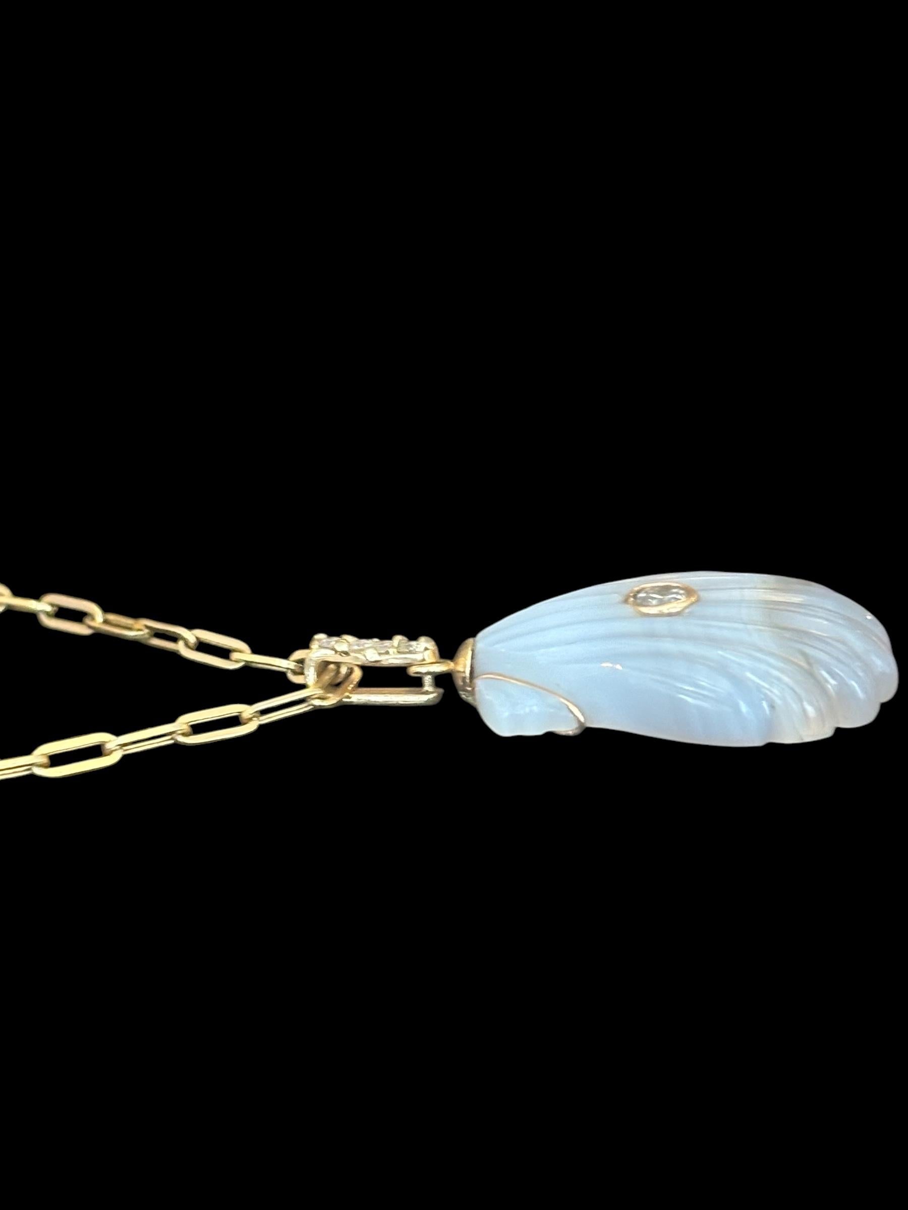 LAGUNA AGATE SHELL NECKLACE, Center Diamond, Diamond Bail on 14k Paperclip Chain In New Condition For Sale In New York, NY
