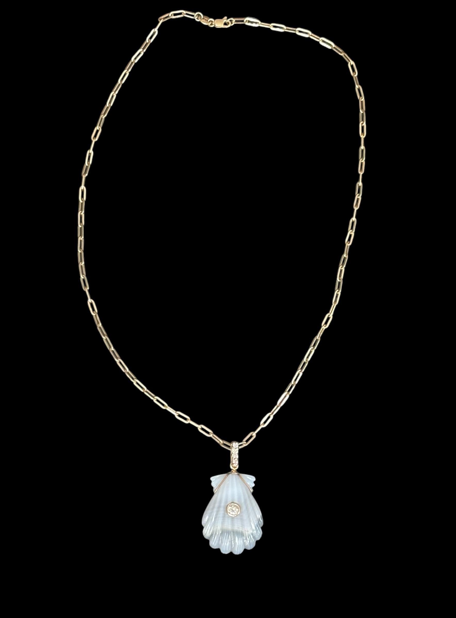 LAGUNA AGATE SHELL NECKLACE, Center Diamond, Diamond Bail on 14k Paperclip Chain For Sale 2