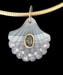Laguna Agate Shell Pendant with Dark Grey Spinel, Diamonds & 14k Gold