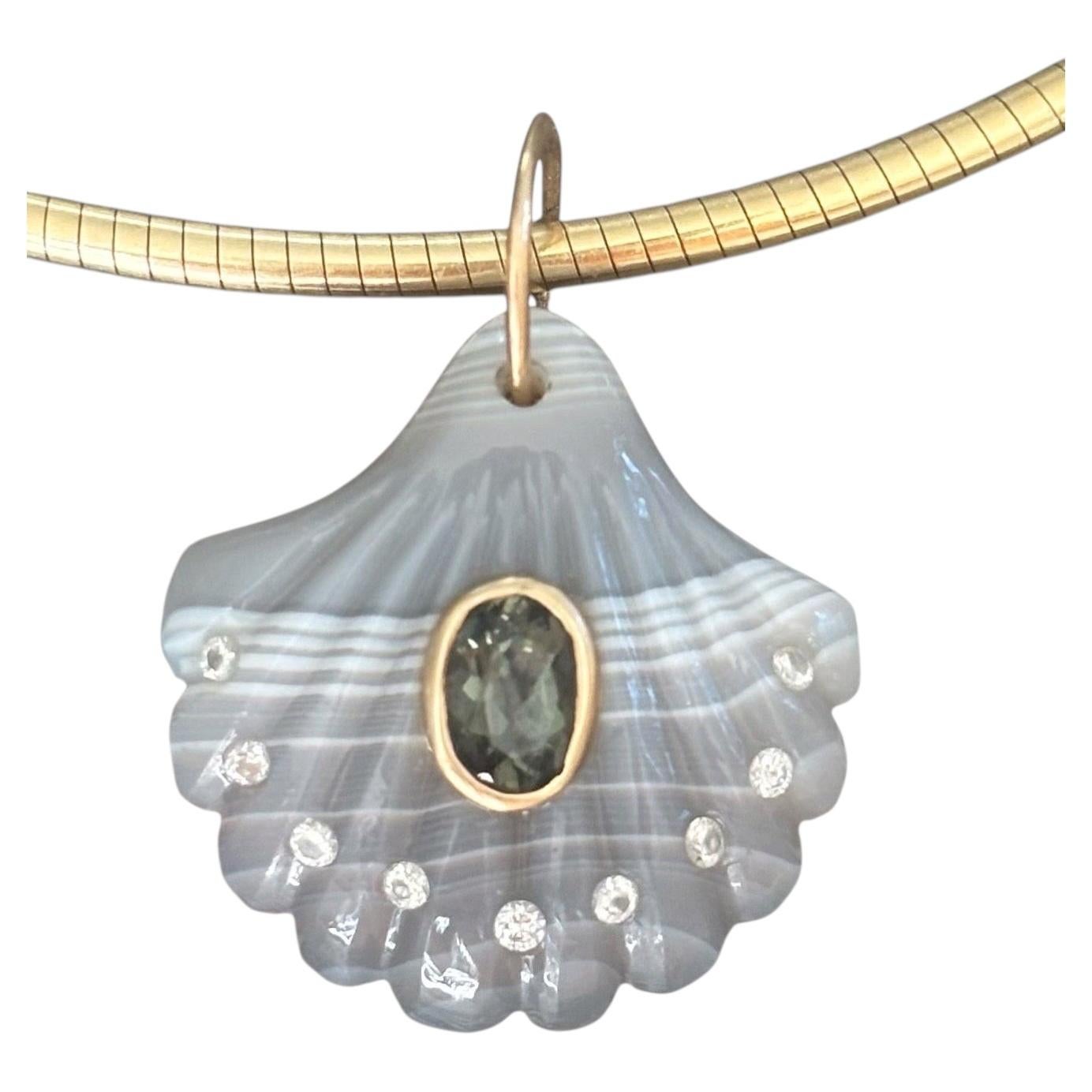 Laguna Agate Shell Pendant with Dark Grey Spinel, Diamonds & 14k Gold