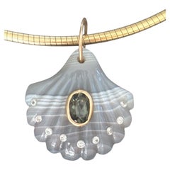 Laguna Agate Shell Pendant with Dark Grey Spinel, Diamonds & 14k Gold