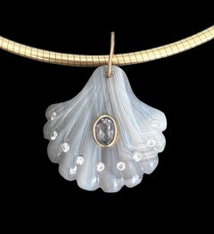 Laguna Agate Shell Pendant with Light Grey Spinel, Diamonds & 14k Gold