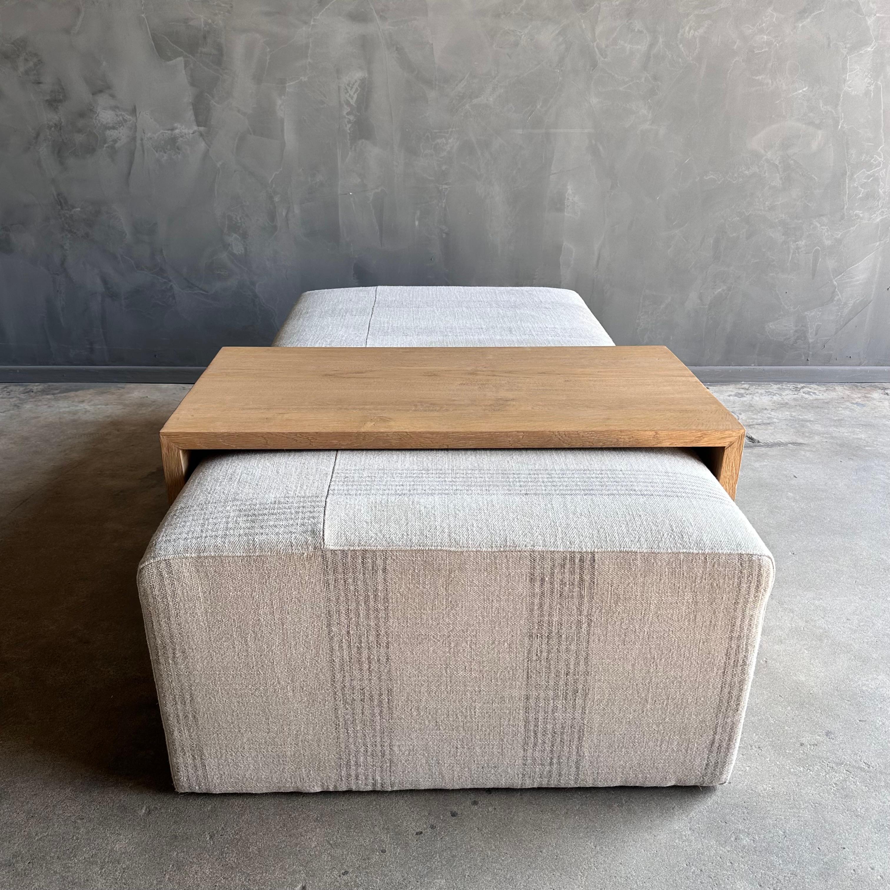 Laguna Cocktail Ottoman in Linen Stripe with White Oak Waterfall Table For Sale 5