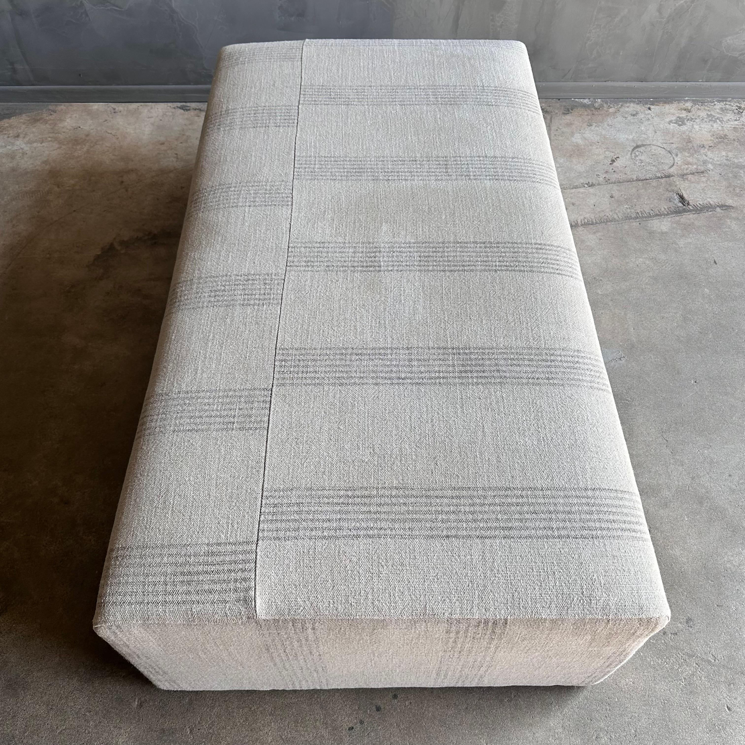 Laguna Cocktail Ottoman in Linen Stripe with White Oak Waterfall Table For Sale 6