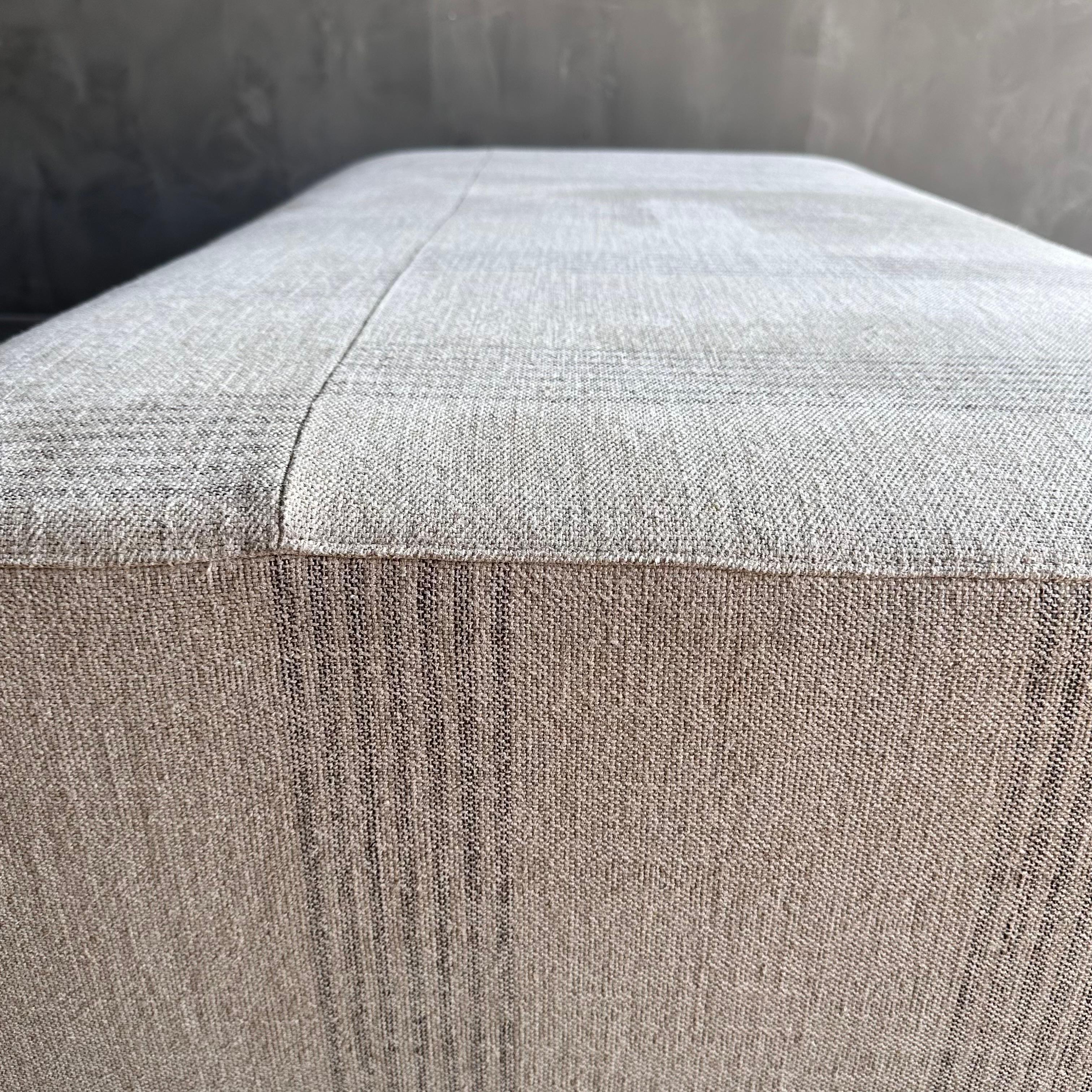 Laguna Cocktail Ottoman in Linen Stripe with White Oak Waterfall Table For Sale 7