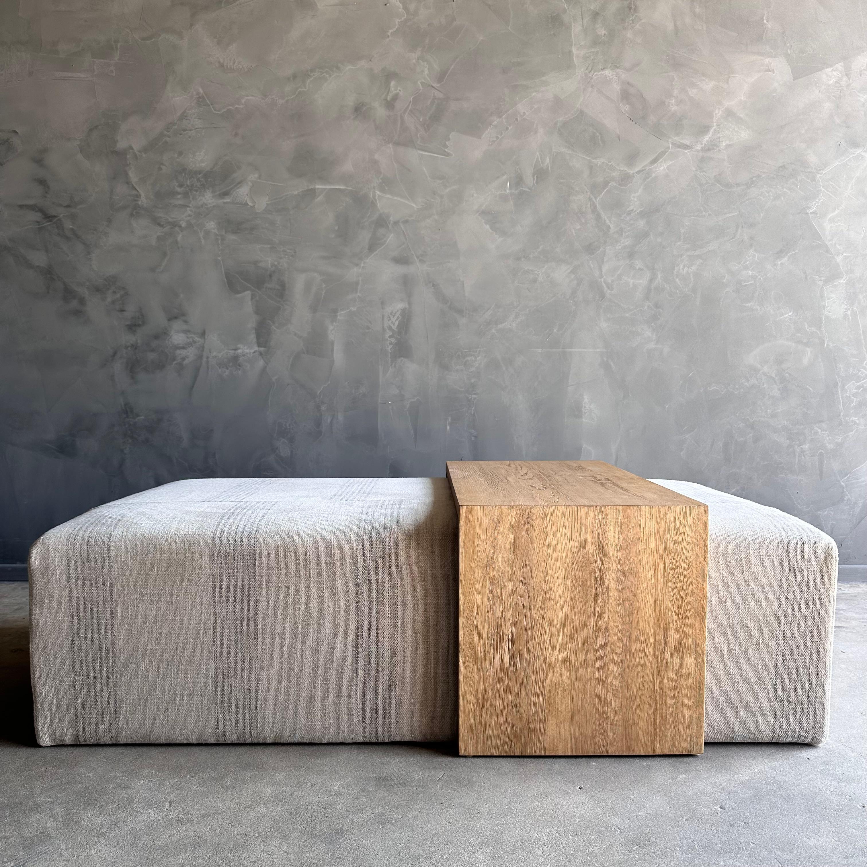 Organic Modern Laguna Cocktail Ottoman in Linen Stripe with White Oak Waterfall Table For Sale