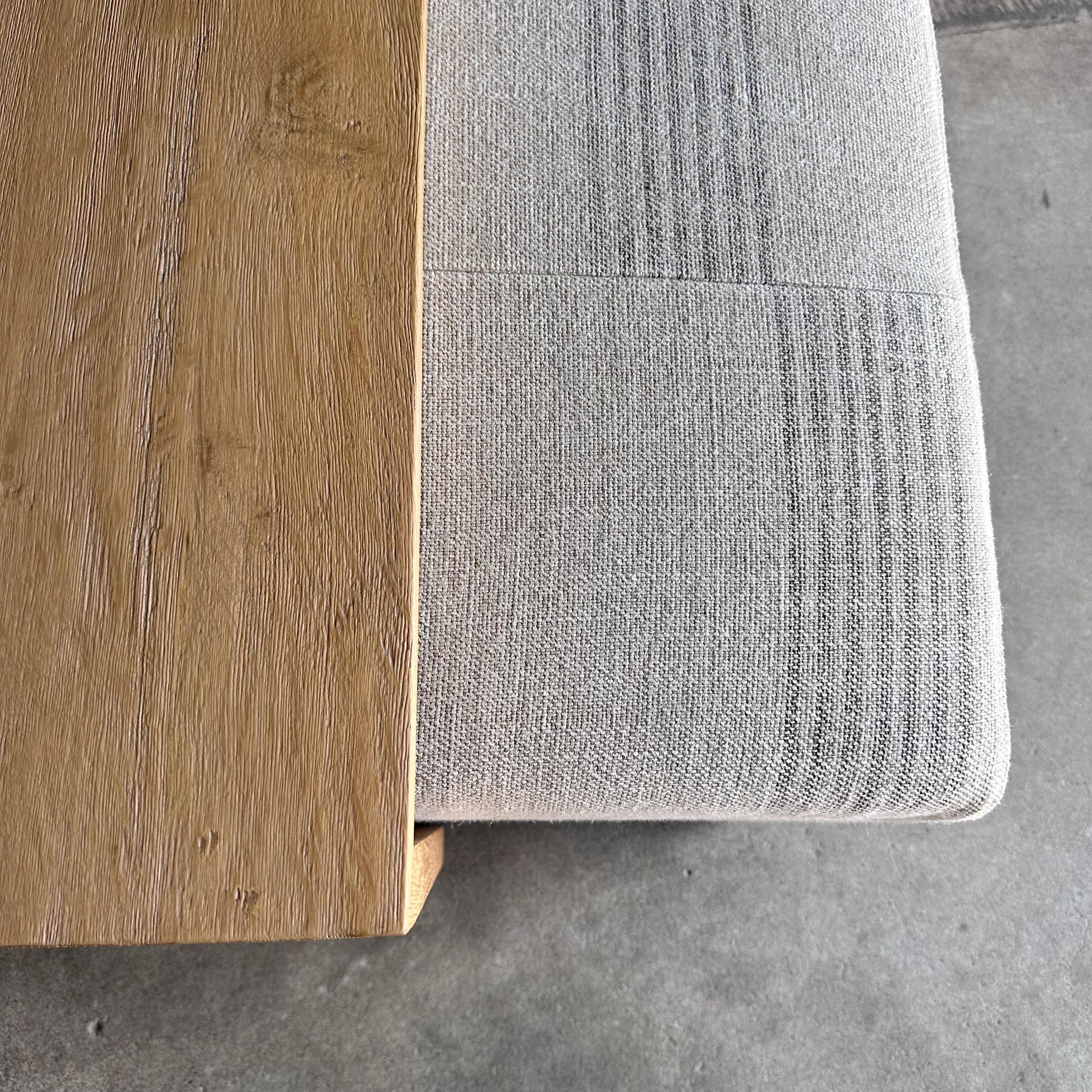 Contemporary Laguna Cocktail Ottoman in Linen Stripe with White Oak Waterfall Table For Sale