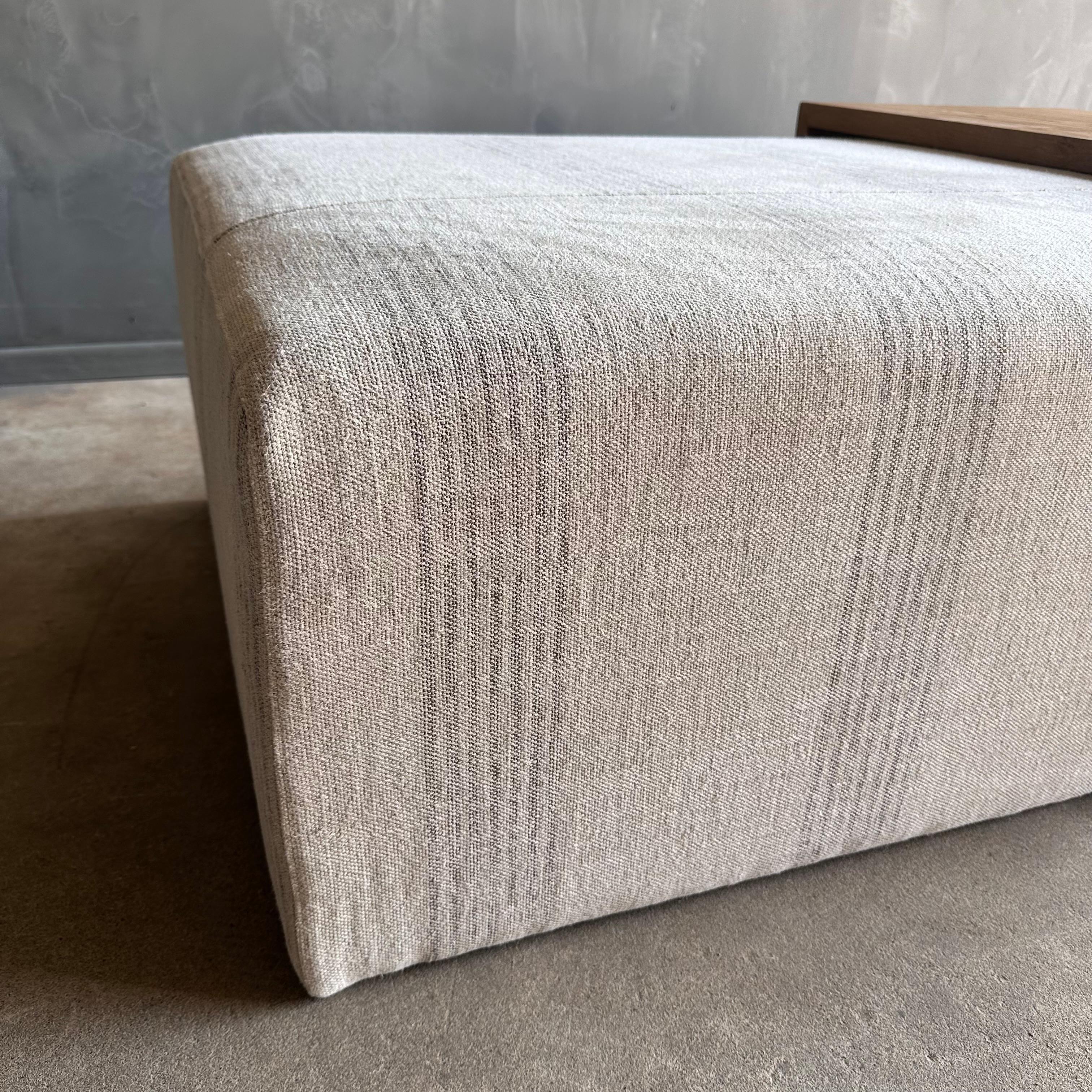 Laguna Cocktail Ottoman in Linen Stripe with White Oak Waterfall Table For Sale 1