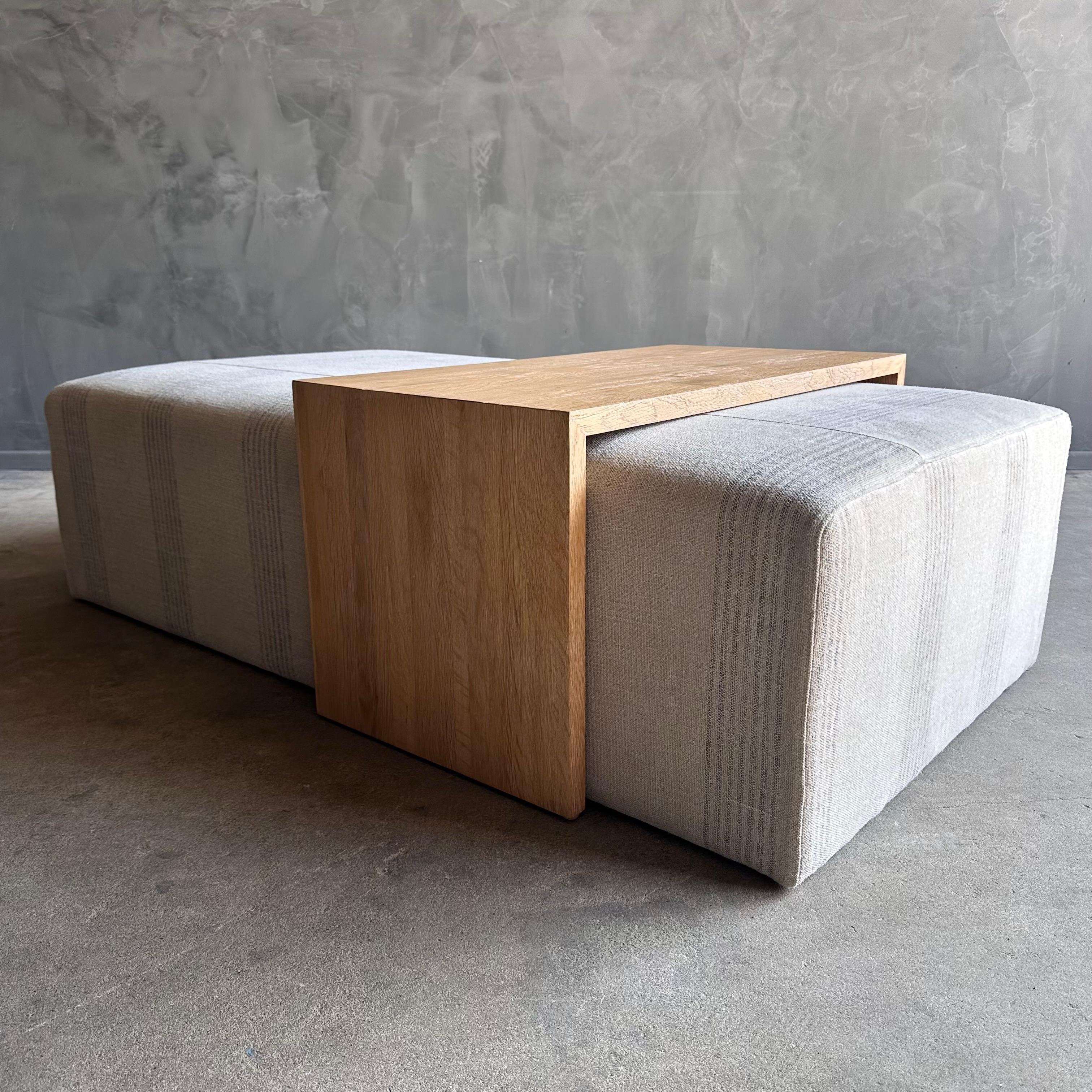 Laguna Cocktail Ottoman in Linen Stripe with White Oak Waterfall Table For Sale 2