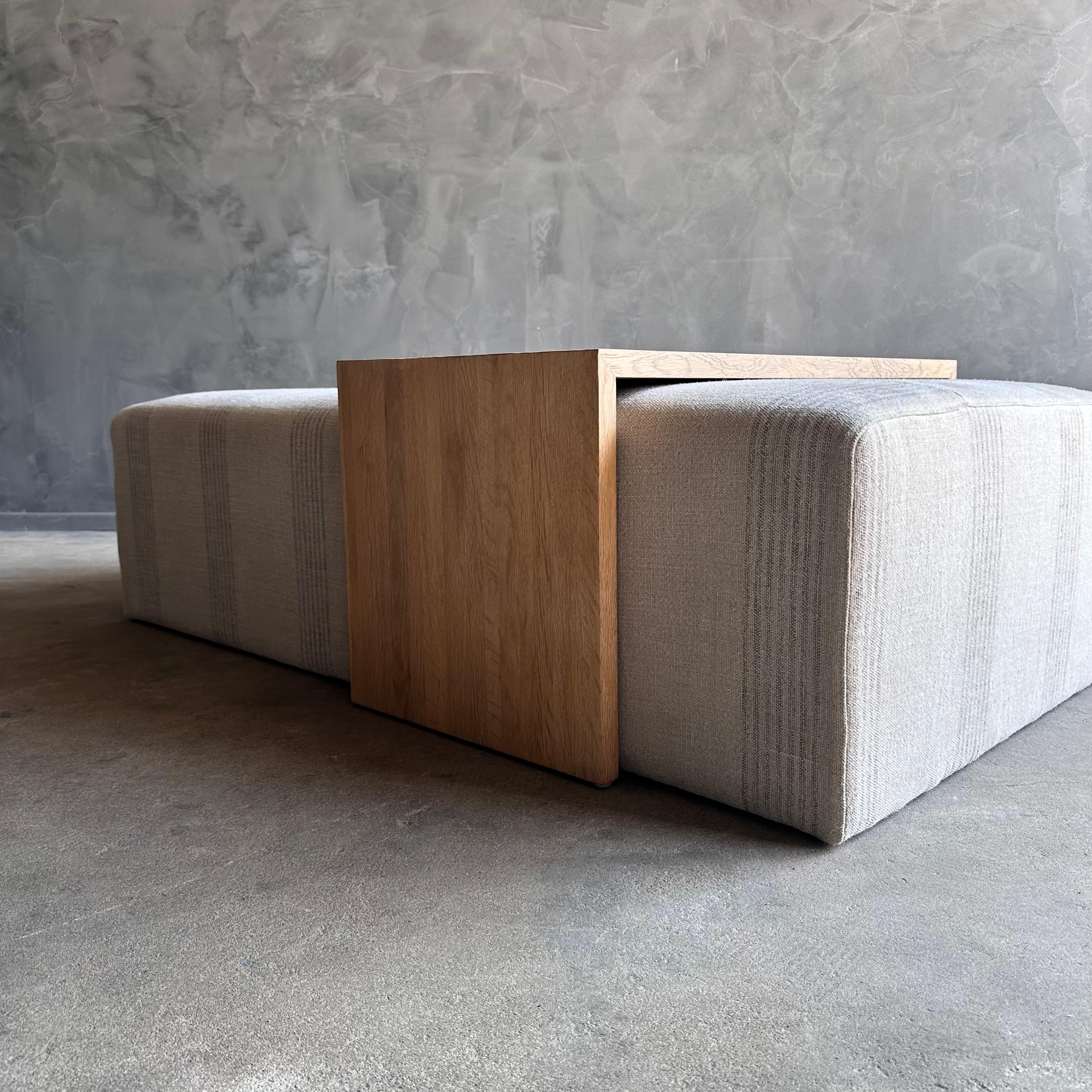 Laguna Cocktail Ottoman in Linen Stripe with White Oak Waterfall Table For Sale 3