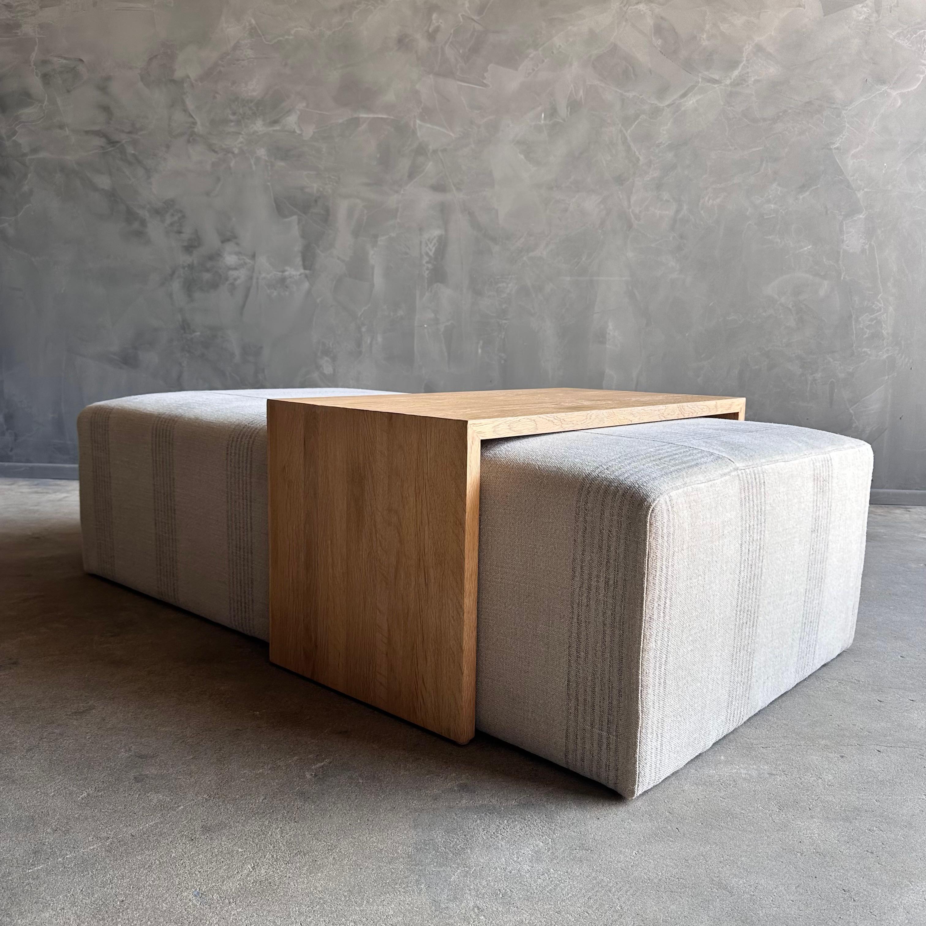 Laguna Cocktail Ottoman in Linen Stripe with White Oak Waterfall Table For Sale 4