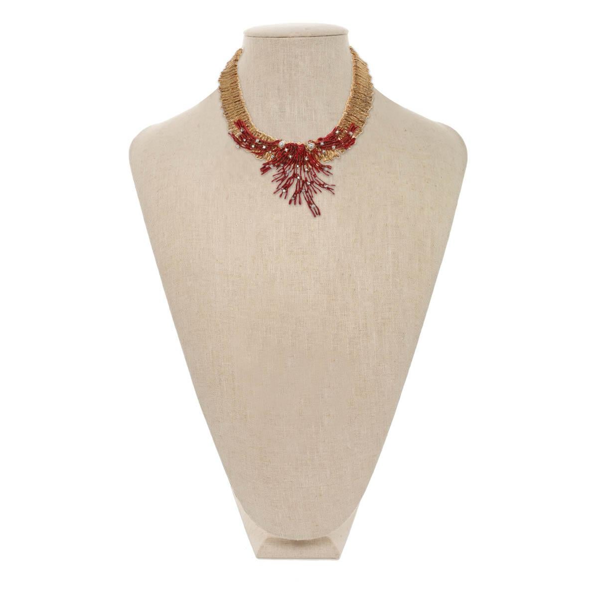 Living Gold, Red & Pearl! 
“Laguna” is an Italian name meaning “A body of water cut off from a larger body by a reef of sand or coral” and perfectly suits this gorgeous statement collar. This elegant statement piece looks gorgeous dressed down in