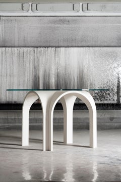 White Lacquer Wood Dining Table with Round Clear Glass Top by Antonio De Marco