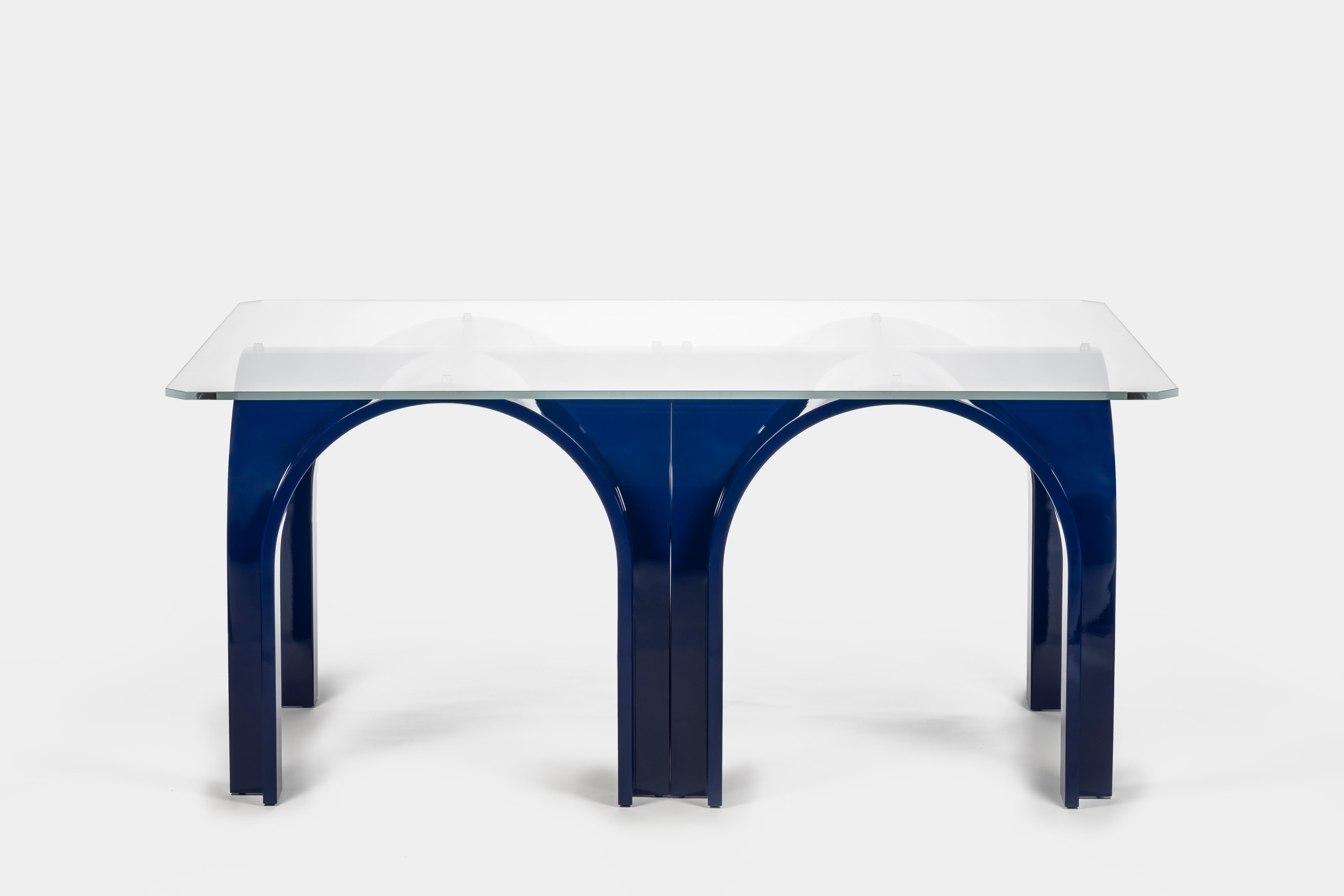 Laguna Dining Table with Lacquered Wood & Clear Glass Top by Antonio De Marco
Dimensions: D 109 x W 188 x H 77  cm. 
Materials: Wood and glass.

Available in different material options. Please contact us.

LAGUNA is a tribute to the city of Venice,