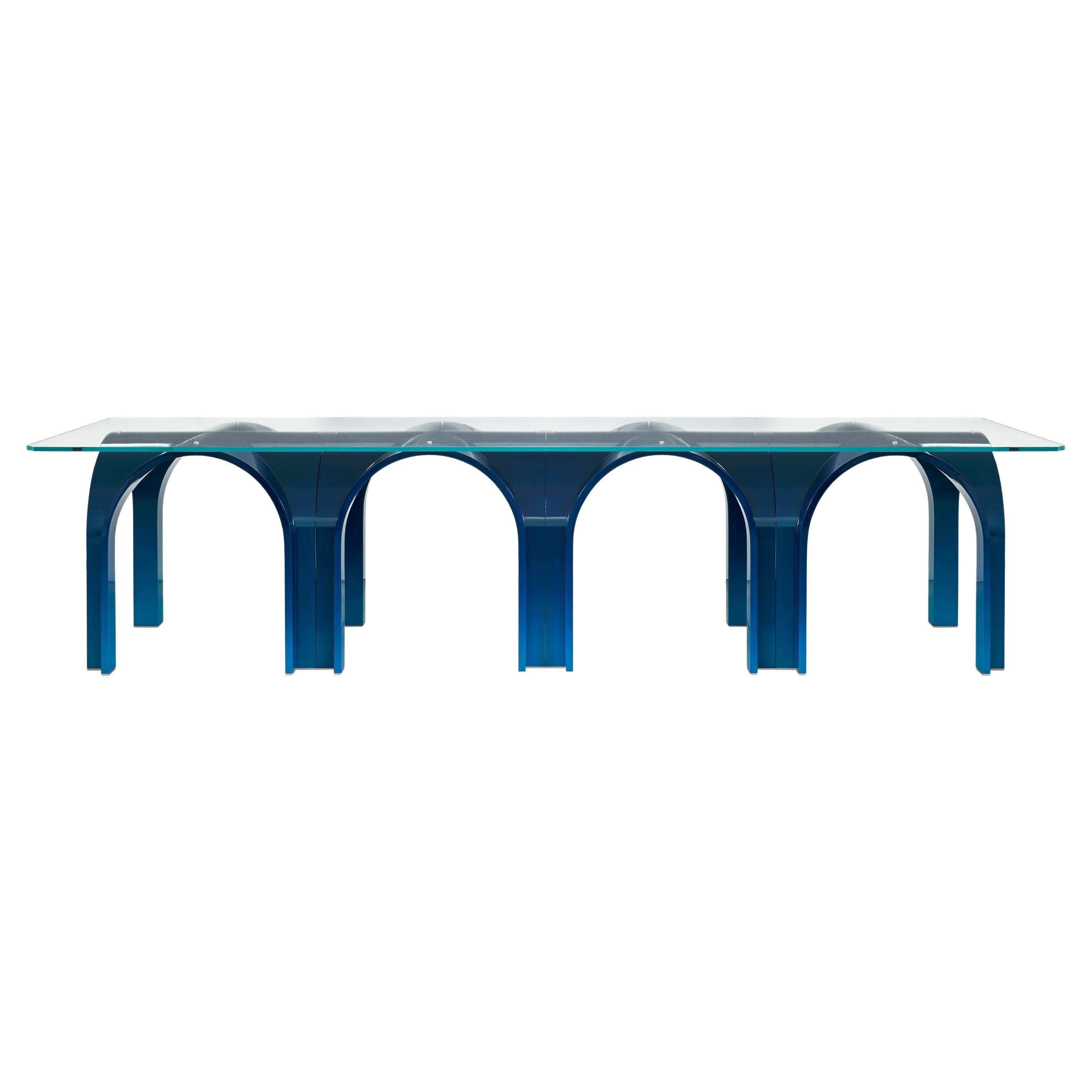 White Lacquer Wood Large Dining Table with Clear Glass Top by Antonio De Marco
