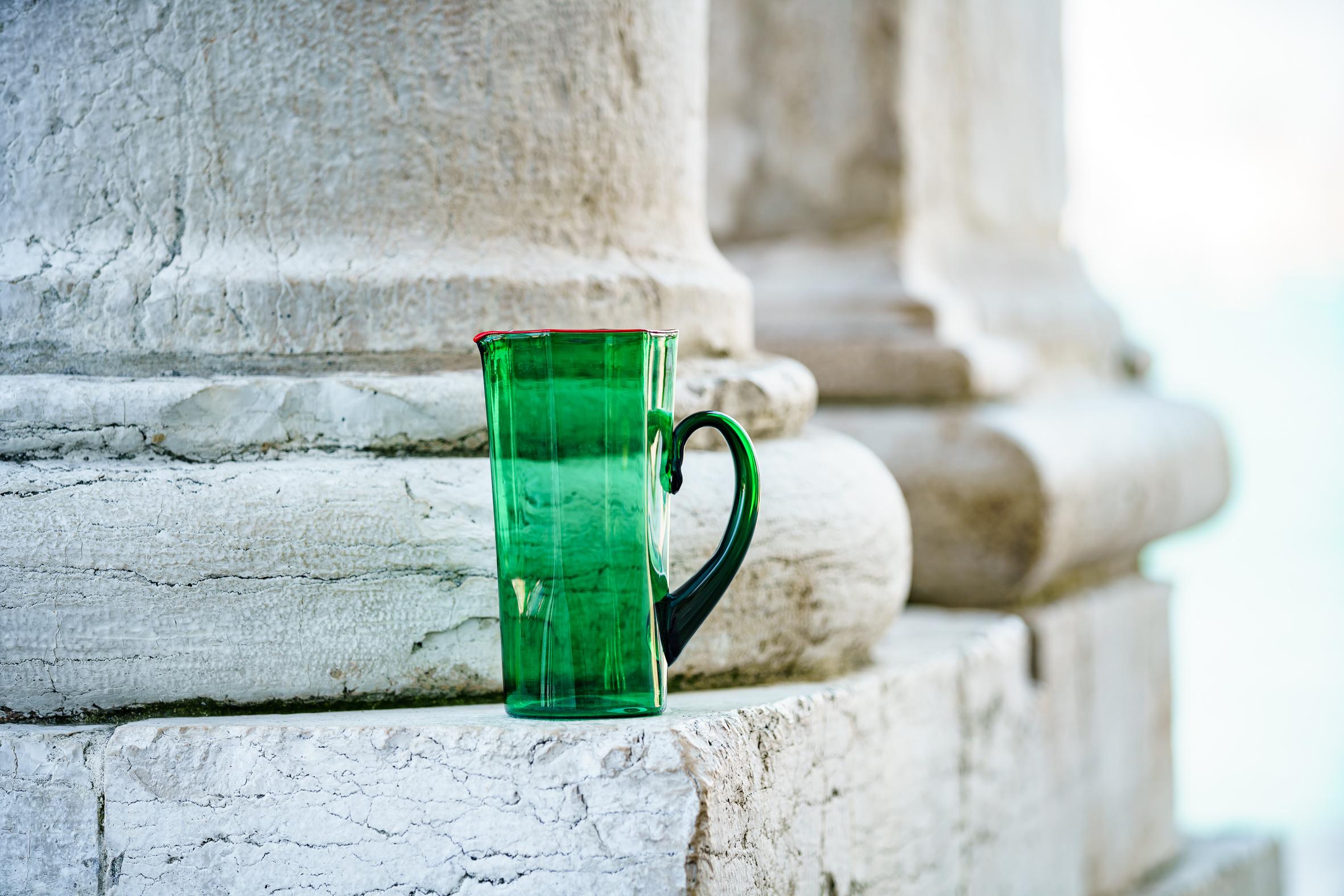 Italian LAGUNA Green jug with handle and red rim, by Giberto Venezia For Sale
