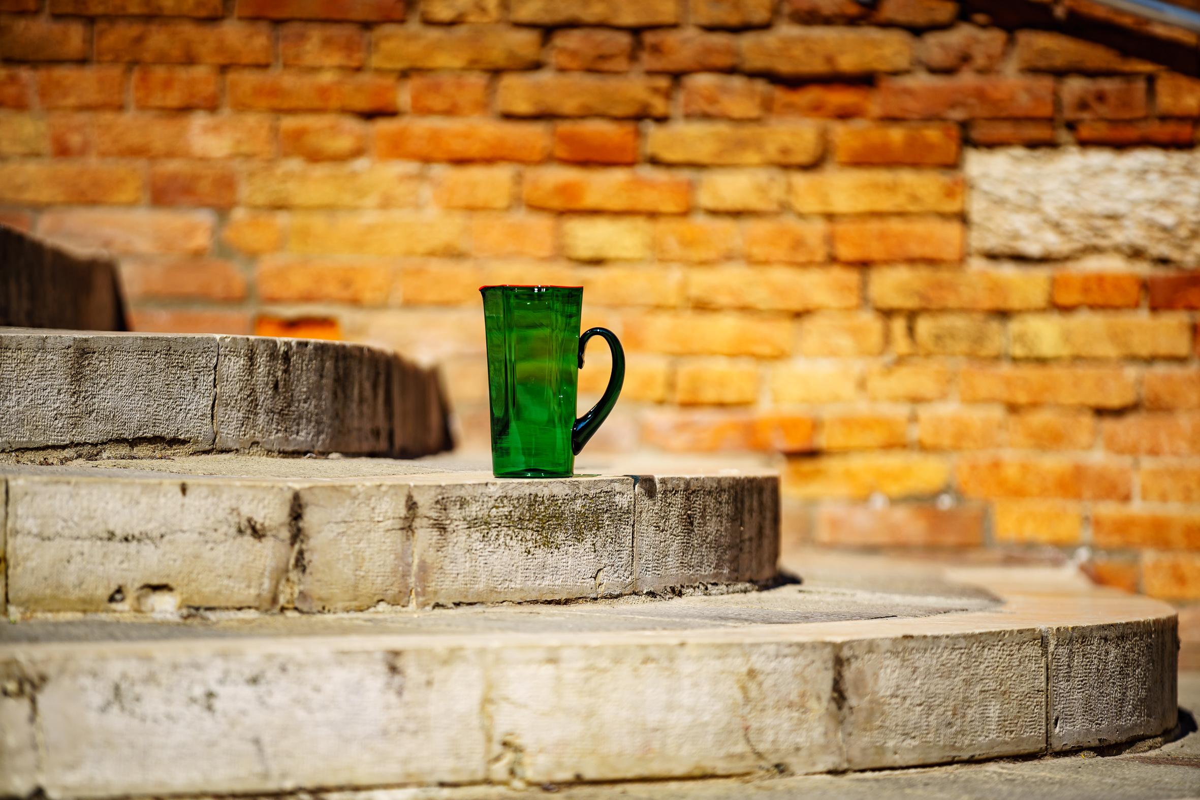 Hand-Crafted LAGUNA Green jug with handle and red rim, by Giberto Venezia For Sale