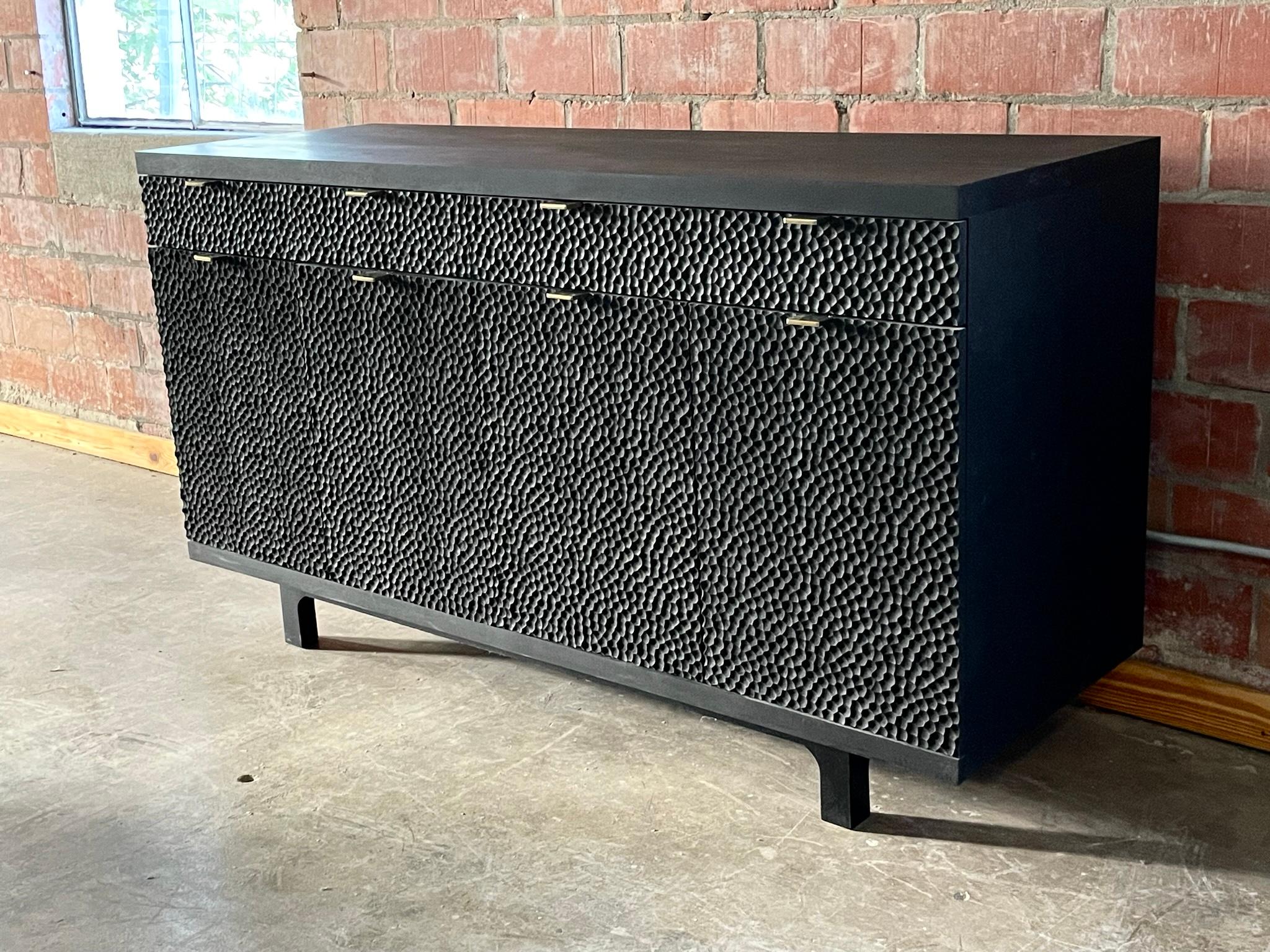 Organic Modern Laguna Matte Black Rosa Morada Dimple Sideboard with Solid Brass Hardware For Sale
