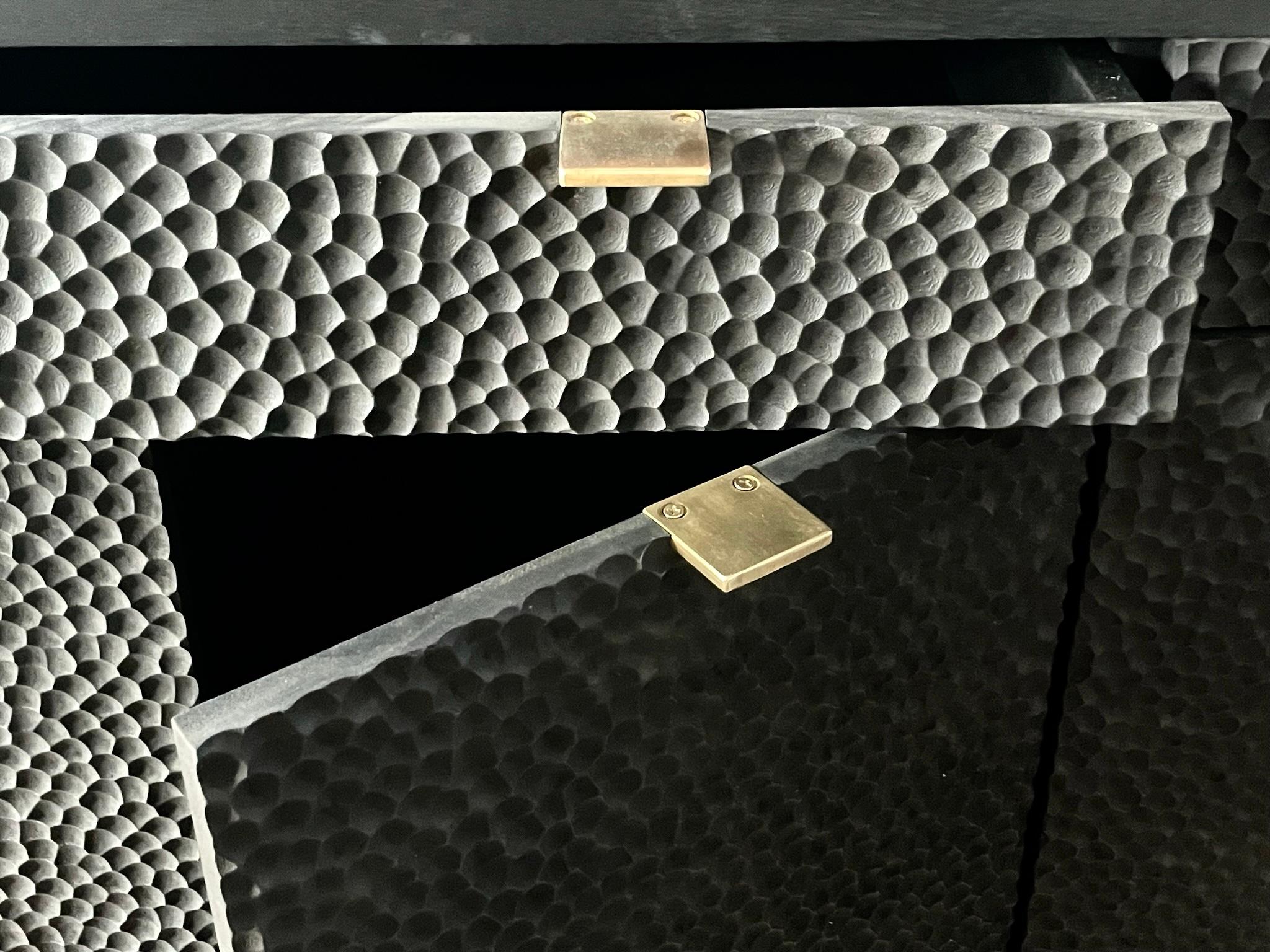 Lacquered Laguna Matte Black Rosa Morada Dimple Sideboard with Solid Brass Hardware For Sale