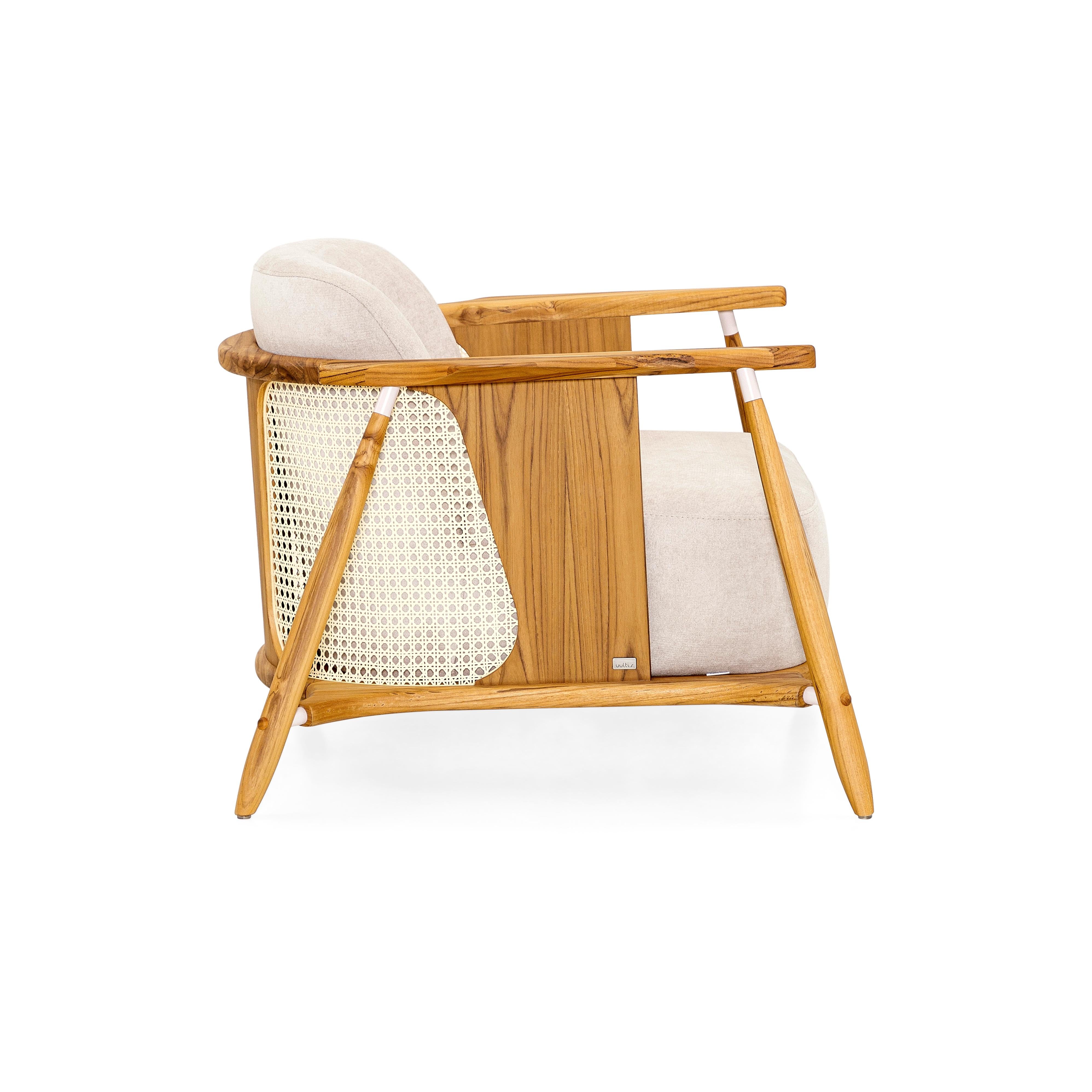 Brazilian Teak Armchair with Cane Sides and Soft Beige Upholstery – Laguna Collection For Sale