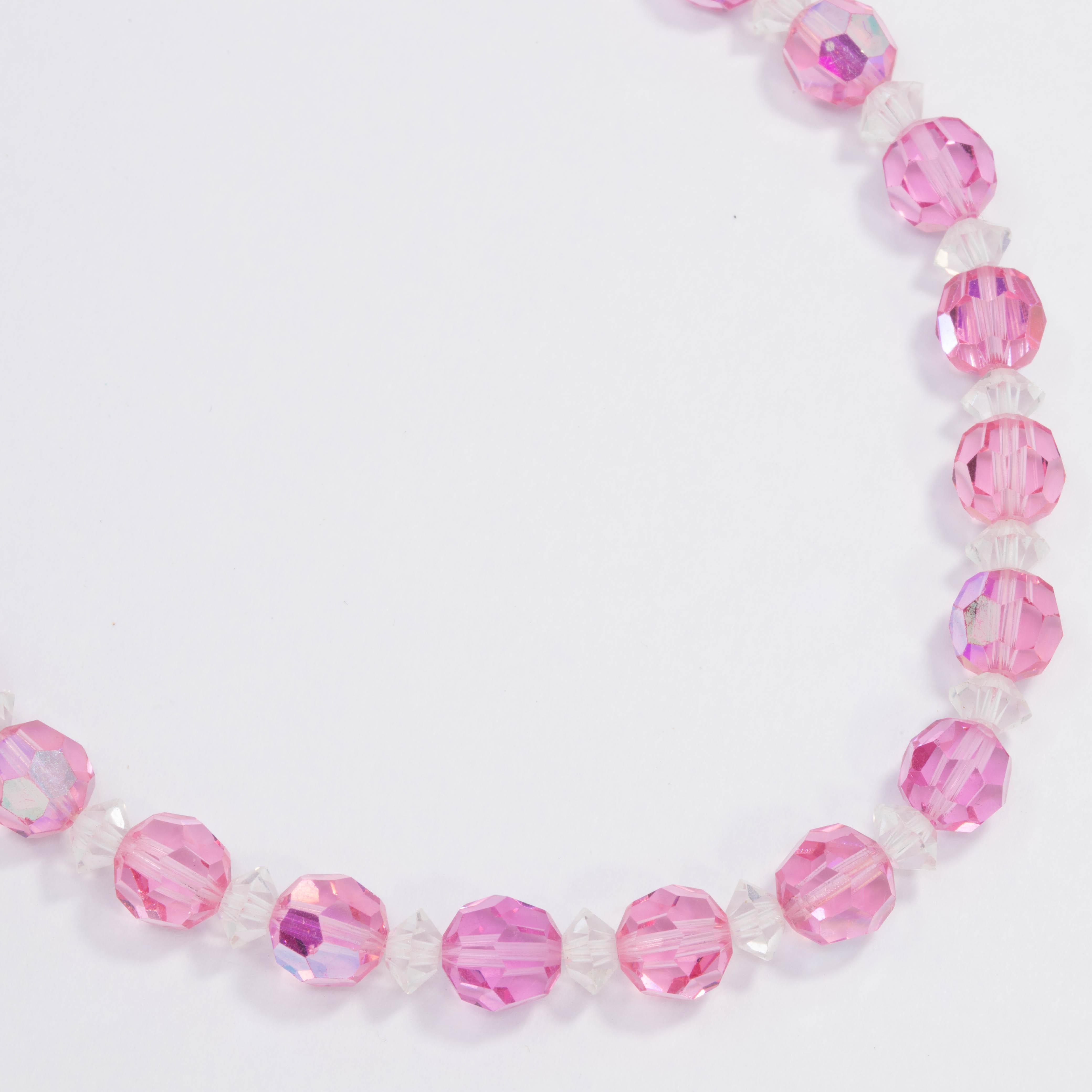 Laguna Pink Rose Faceted Crystal Bead Necklace with Vintage Brass Hook Clasp In Good Condition For Sale In Milford, DE