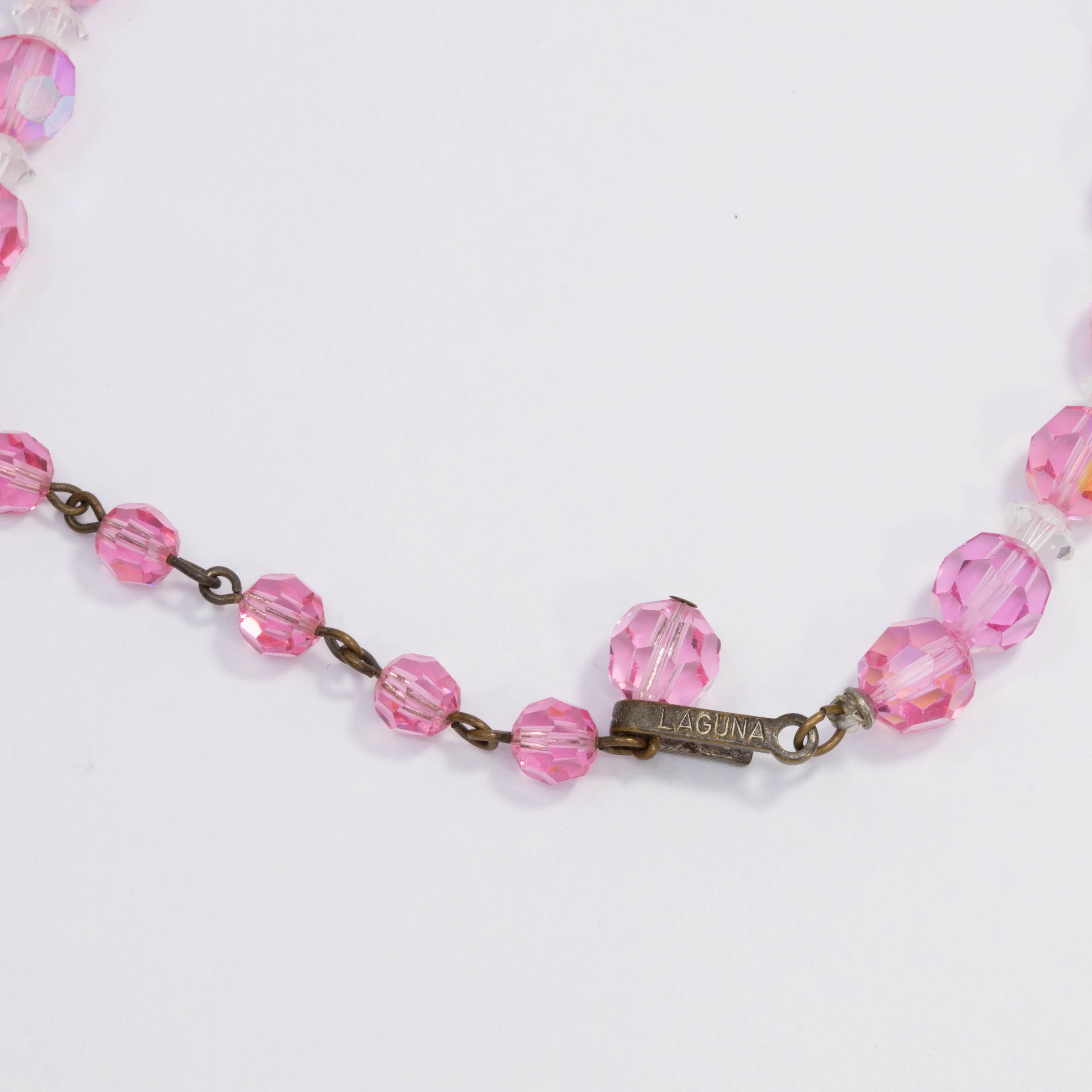 Women's or Men's Laguna Pink Rose Faceted Crystal Bead Necklace with Vintage Brass Hook Clasp For Sale