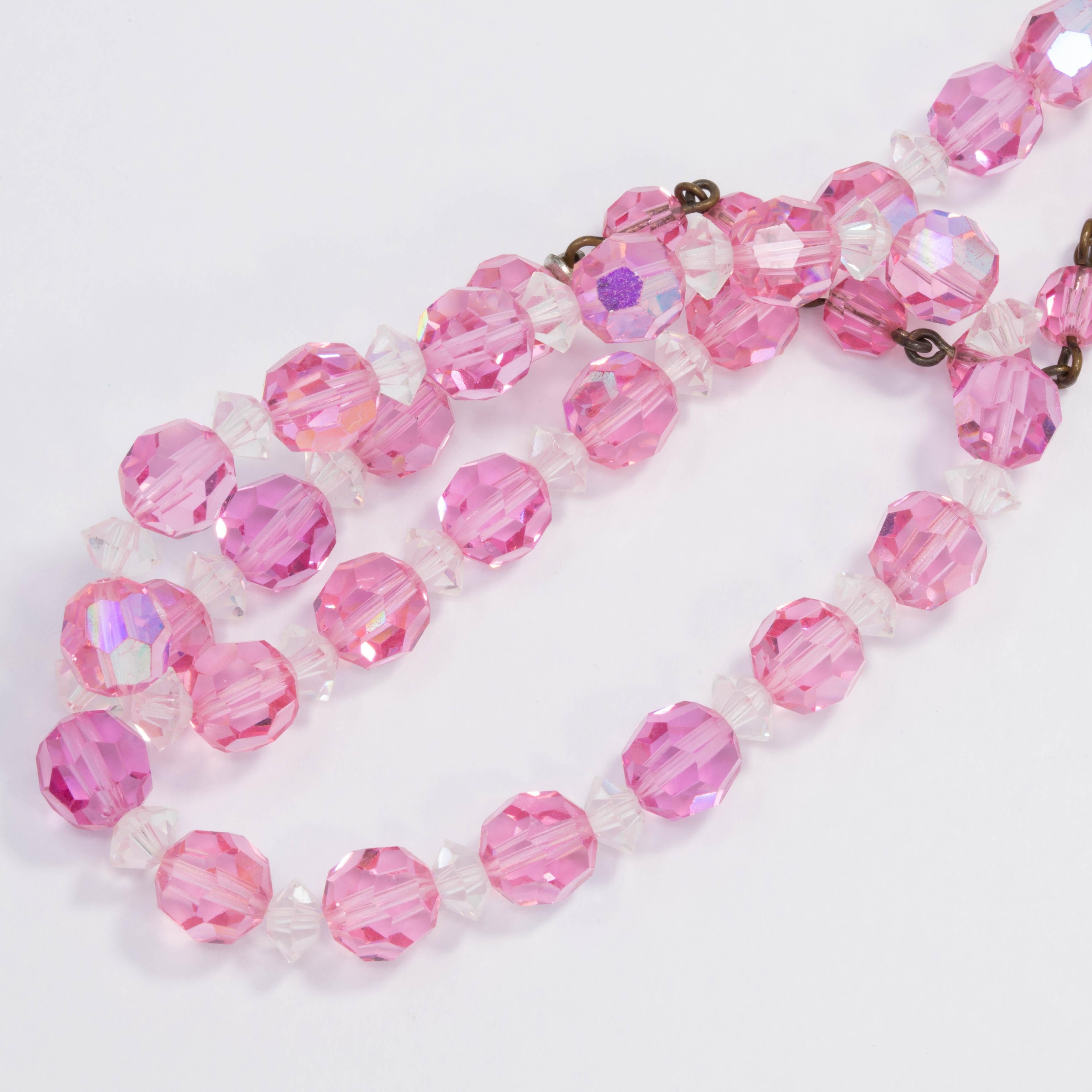 Laguna Pink Rose Faceted Crystal Bead Necklace with Vintage Brass Hook Clasp For Sale 1