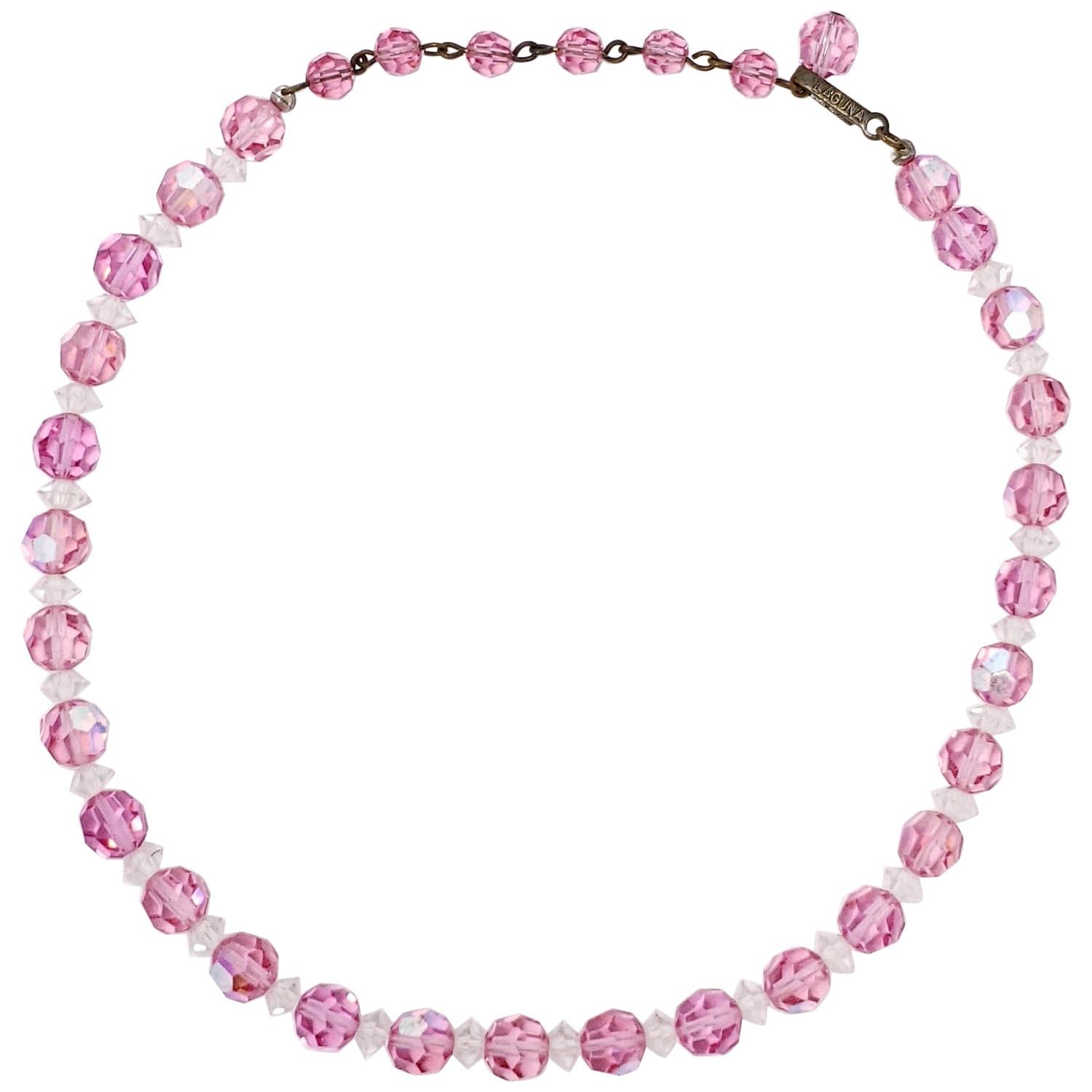 Collier de perles en cristal rose Laguna à facettes et roses avec fermoir à crochet vintage en laiton