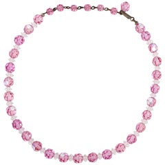 Laguna Pink Rose Faceted Crystal Bead Necklace with Vintage Brass Hook Clasp