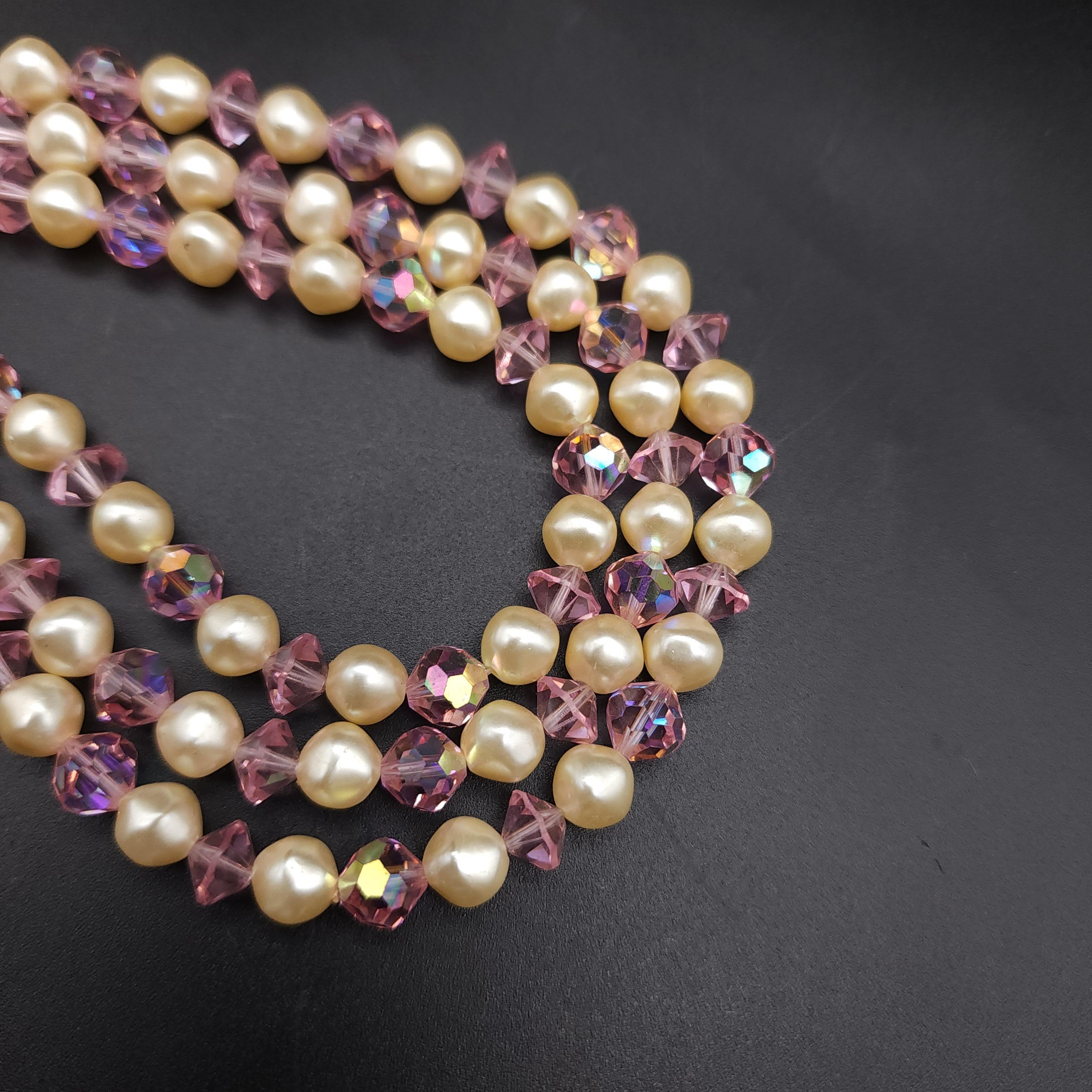 Retro Laguna Rose Crystal & Faux Pearl Multi Strand Necklace, Vintage, Silver Tone For Sale