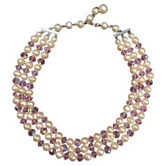 Collier multibrins Laguna Rose Crystal & Faux perles, vintage, ton argent