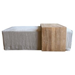 Laguna Slip Covered Ottoman with White Oak Waterfall Style Table.