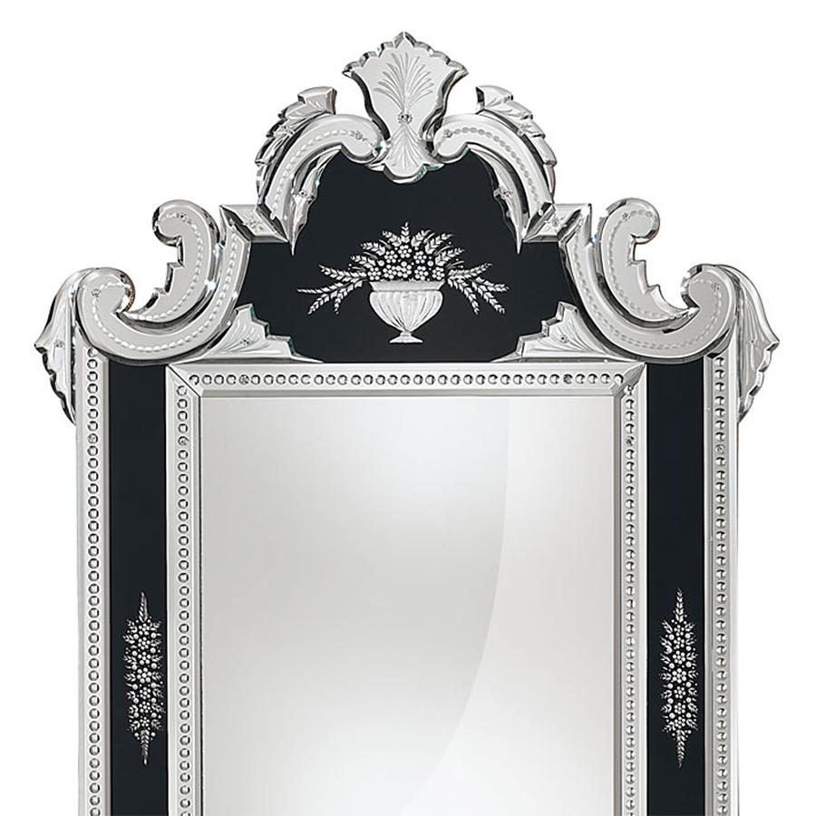 Mirror Lagunes Glass with solid wood background in antique finish,
with central mirror glass in clear glass. With bevelled glass frames,
engraved clear mirrored glass. The inner frame and crest made of 
engraved dark blue coloured glass tiles. 