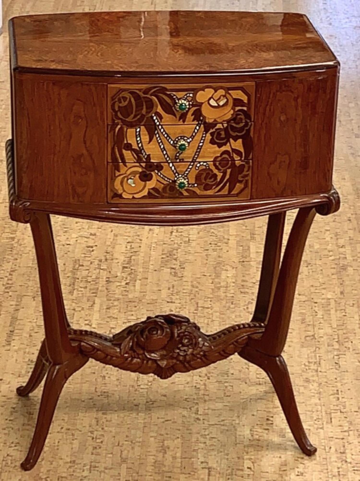 Early Classic French Art Deco side table/small cabinet by Lahalle et Levard, circa 1920. 19.5” wide x 12” deep x 26” high, in purple heart, boxwood, other exotic hardwoods, mother-of-pearl, with chrysophase mounted bronze drawer pulls. Identical
