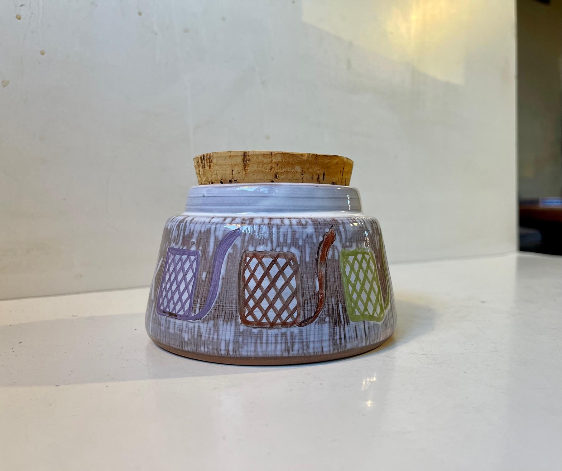 Laholm Schweden Keramik Pfeifentabakglas m. Naives Dekor, 1960er Jahre (Dänisch) im Angebot