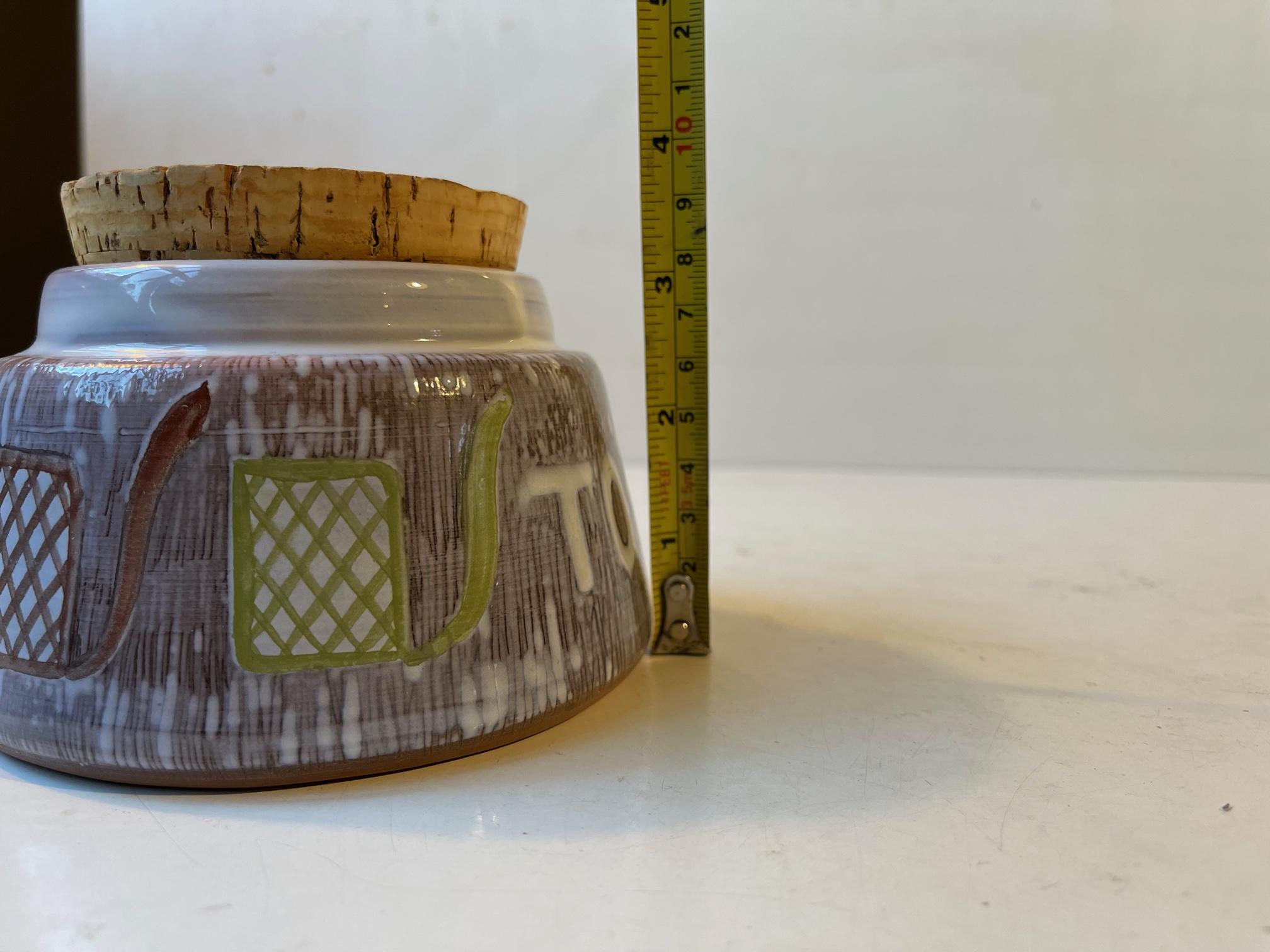 Mid-20th Century Laholm Sweden Ceramic Pipe Tobacco Jar with Naive Decor, 1960s For Sale