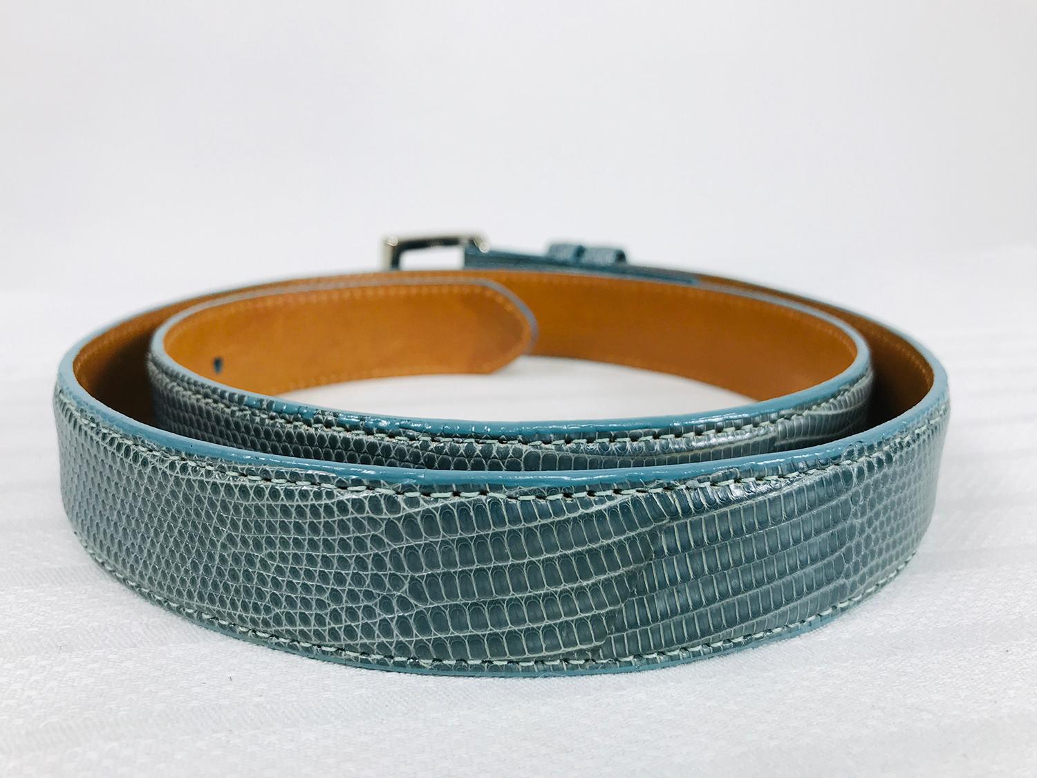 Gray Lai Blue Lizard Belt with Blue Enamel & Silver Metal Buckle Medium