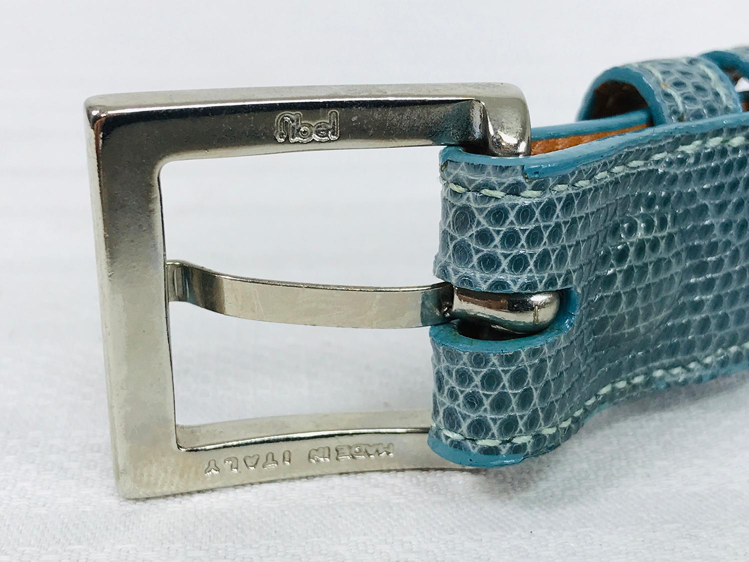 Women's or Men's Lai Blue Lizard Belt with Blue Enamel & Silver Metal Buckle Medium