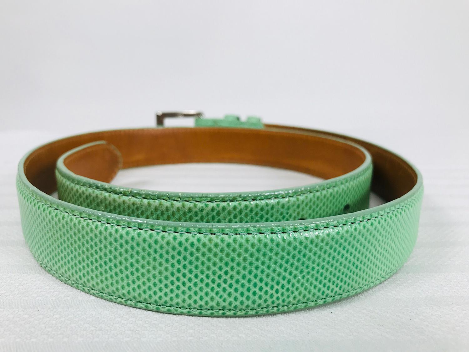 Gray Lai Green Lizard Belt with Blue Enamel & Silver Metal Buckle Medium For Sale